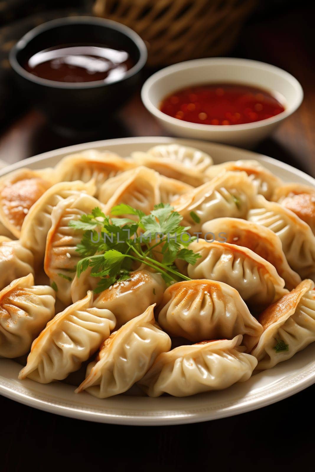 delicious Chinese dumplings on plate. ai generated