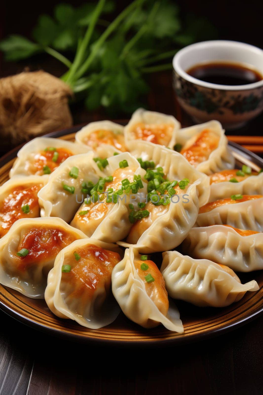 chinese dumplings on plate. ai generated by Desperada