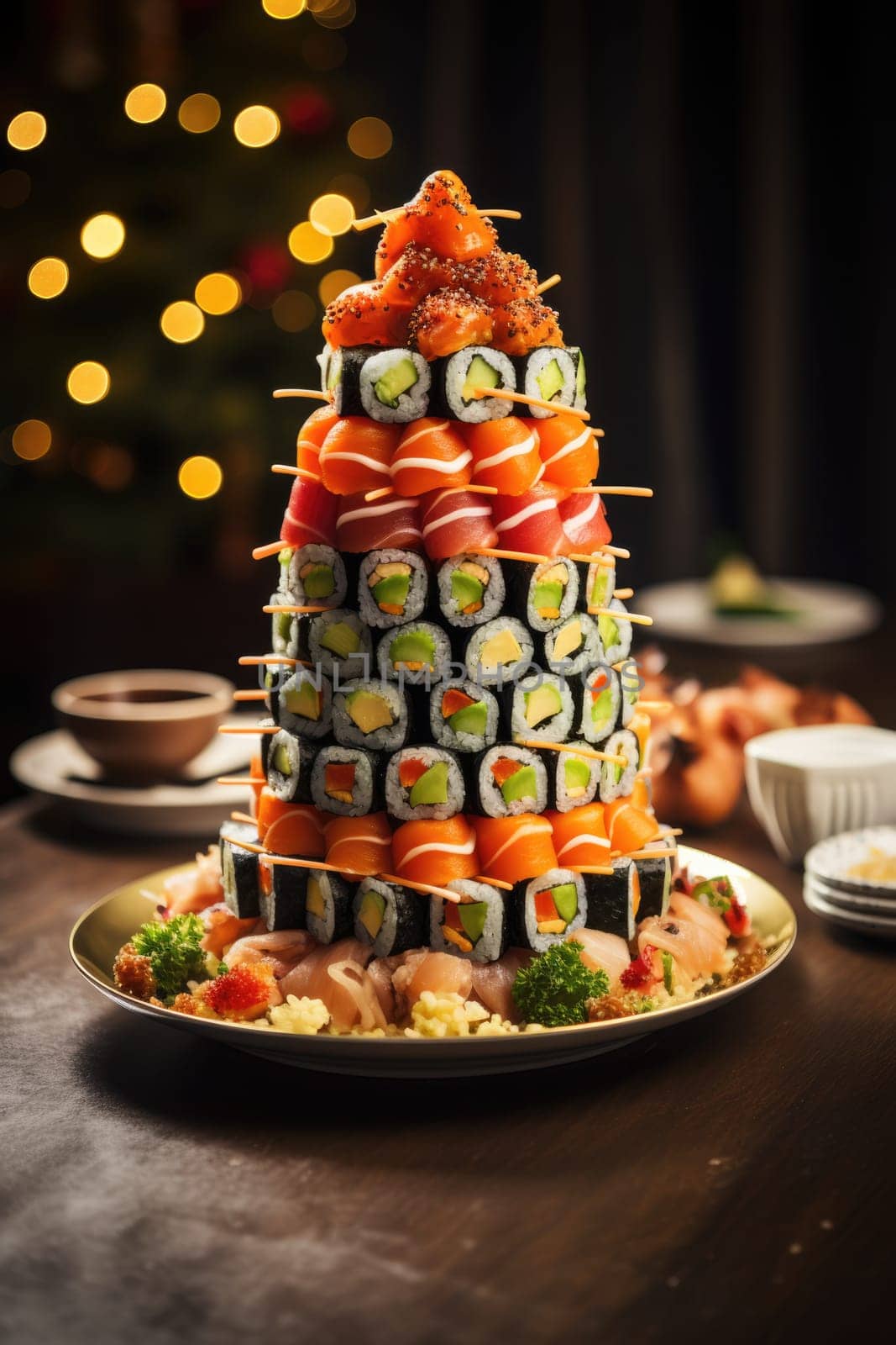 Christmas tree made of sushi, front view. ai generated