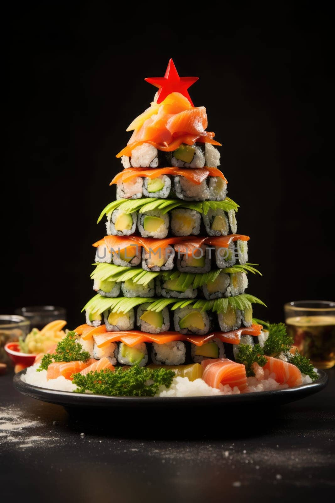 Christmas tree made of sushi, front view. ai generated