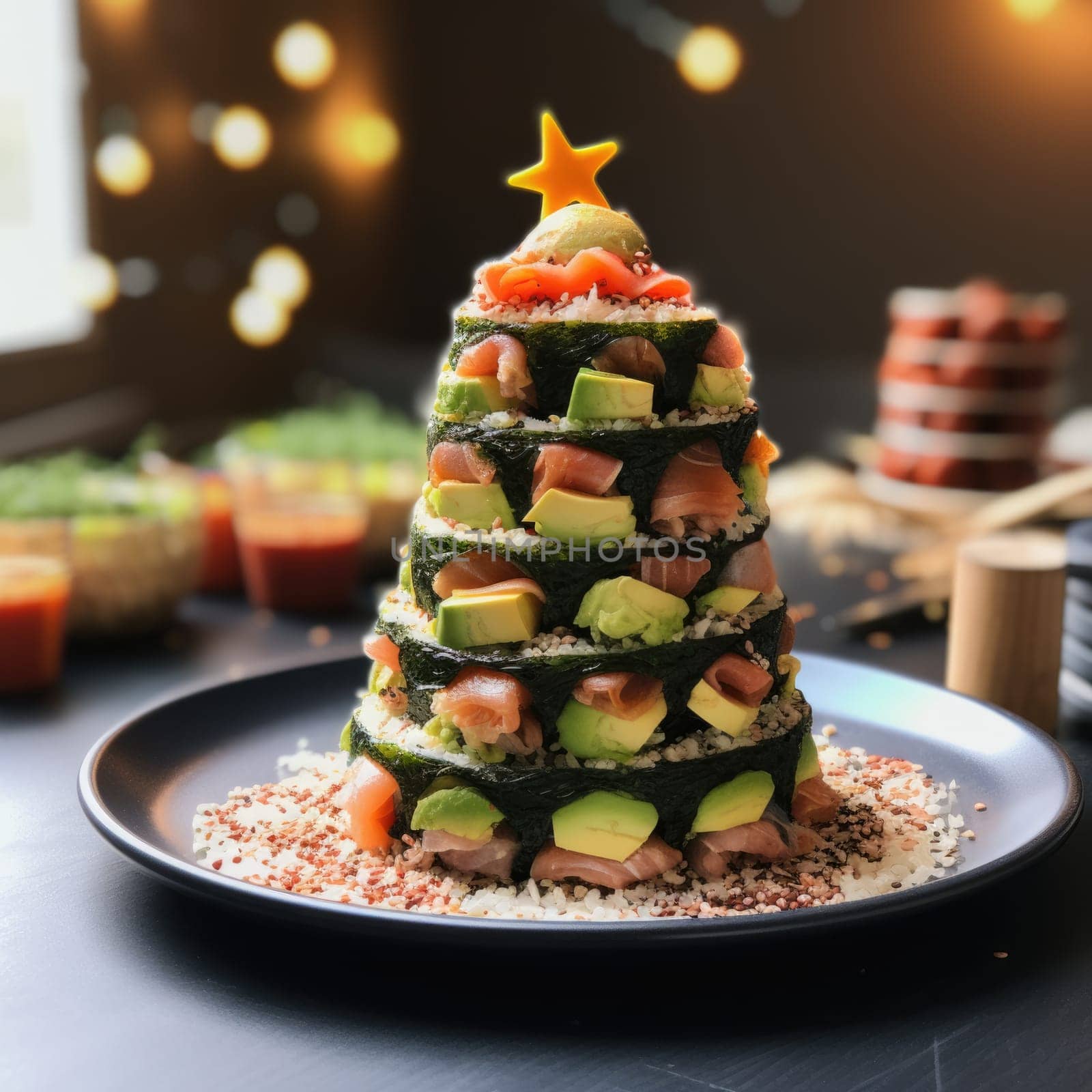 Christmas tree made of sushi, front view. ai generated