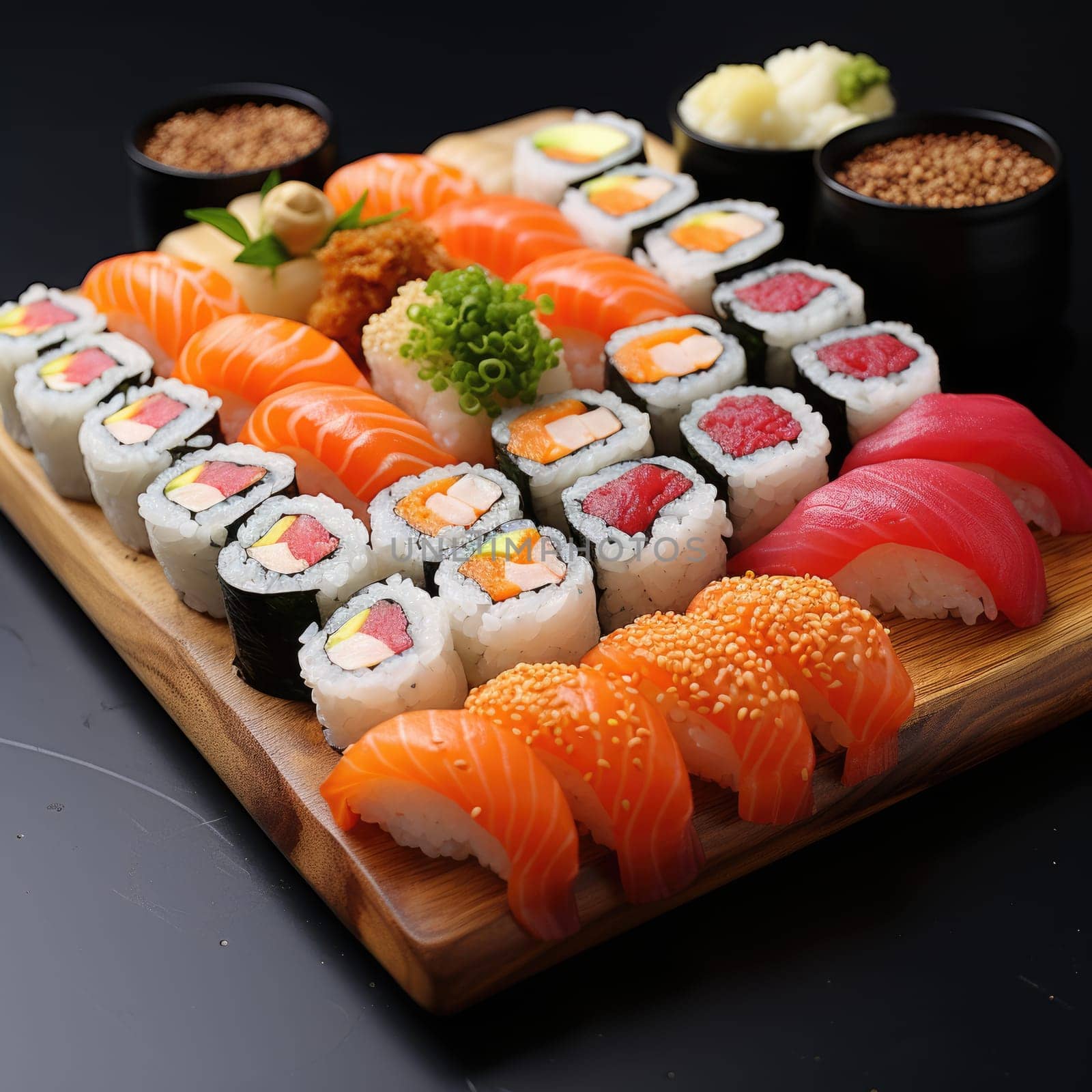 platter of sushi rolls . ai generated by Desperada