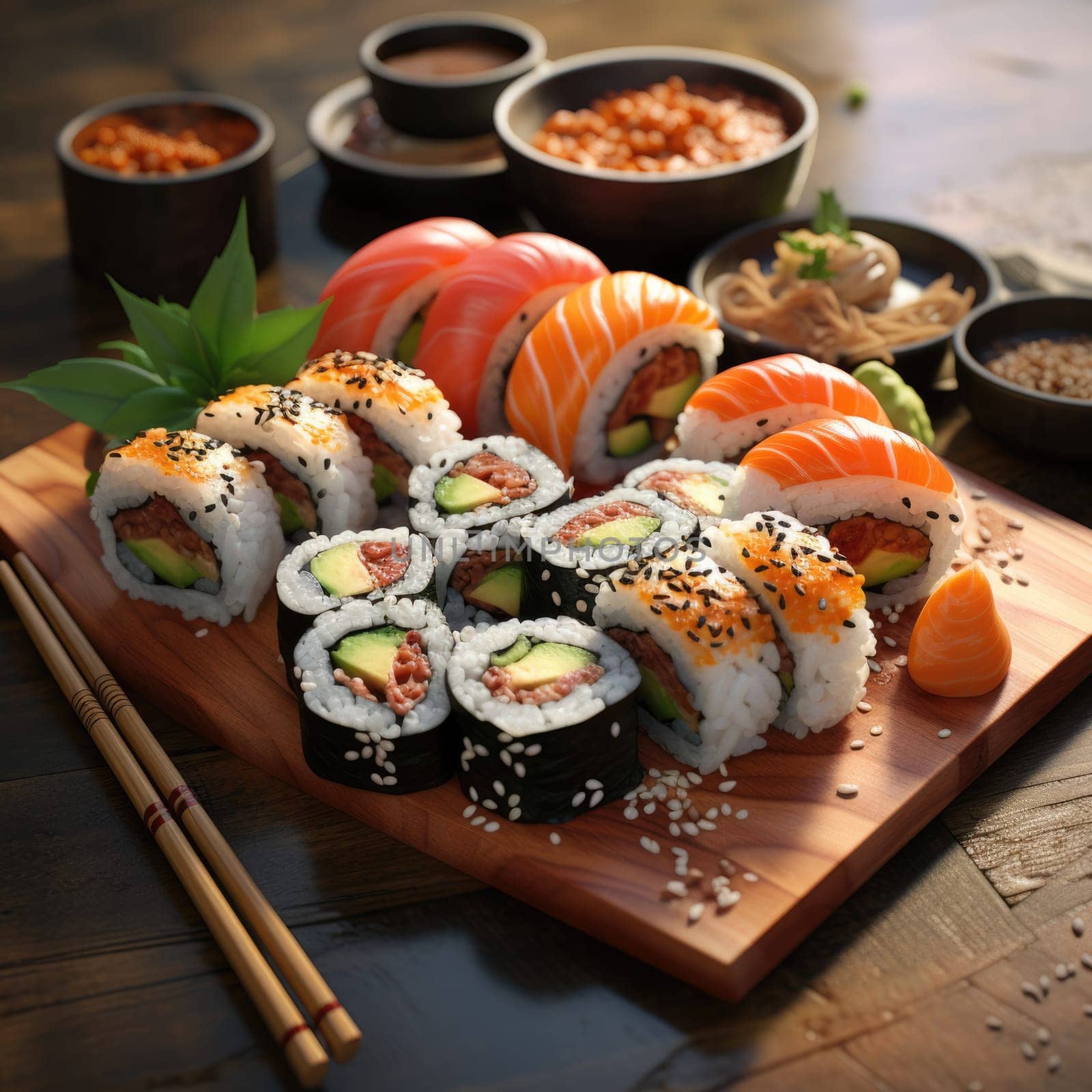 platter of sushi rolls on gray cement background. ai generated