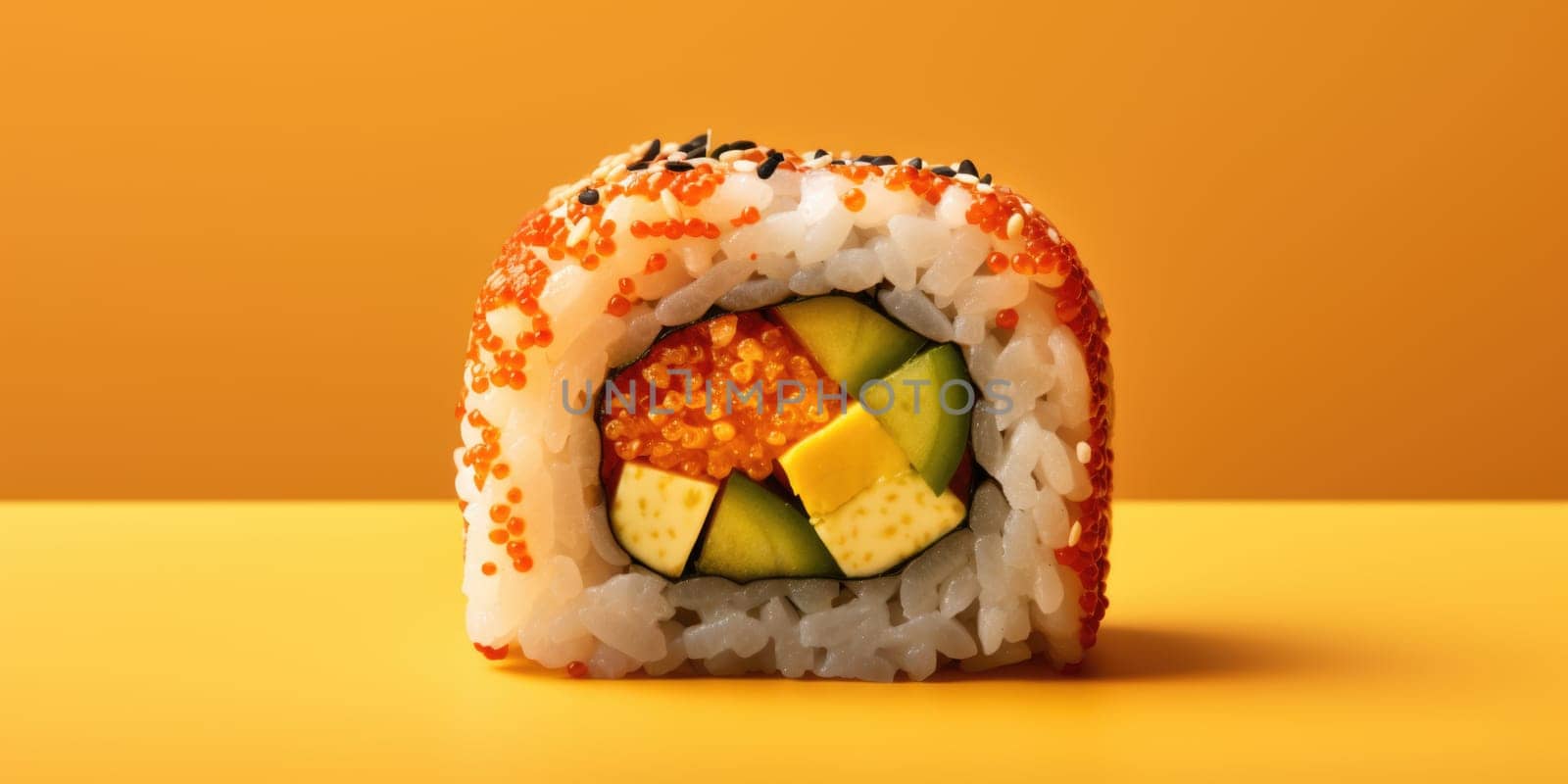 sushi roll on yellow background, minimal style. ai generated