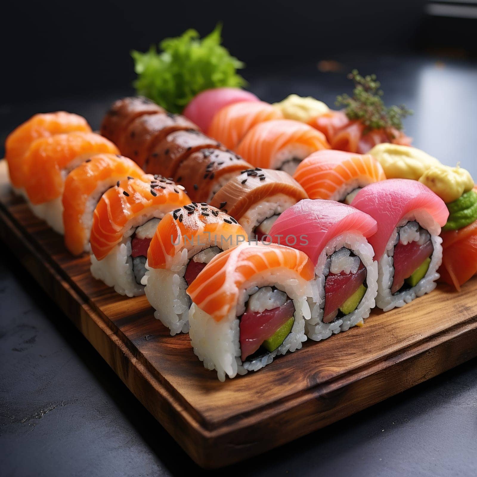 platter of sushi rolls on gray cement background. ai generated