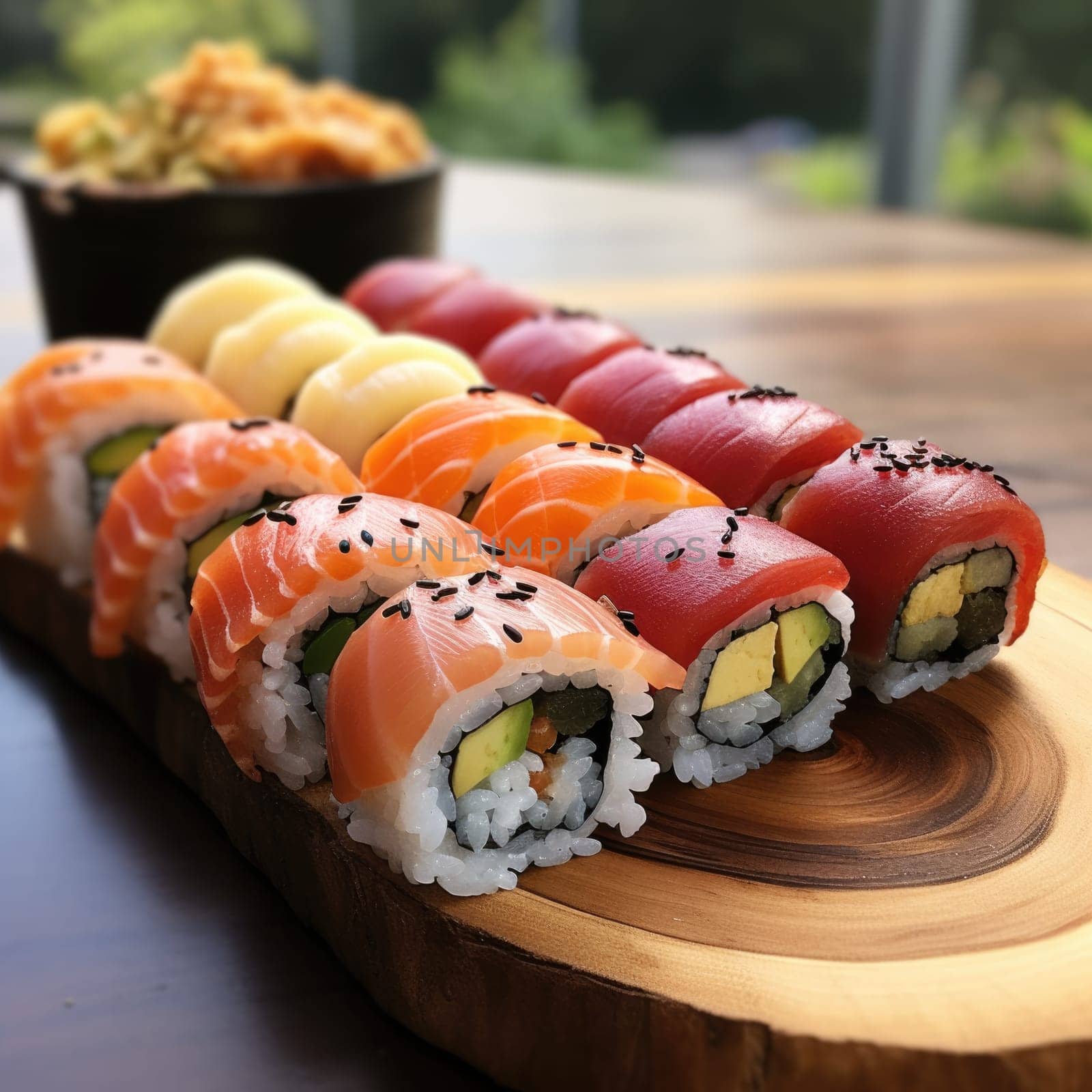 platter of sushi rolls on gray cement background. ai generated