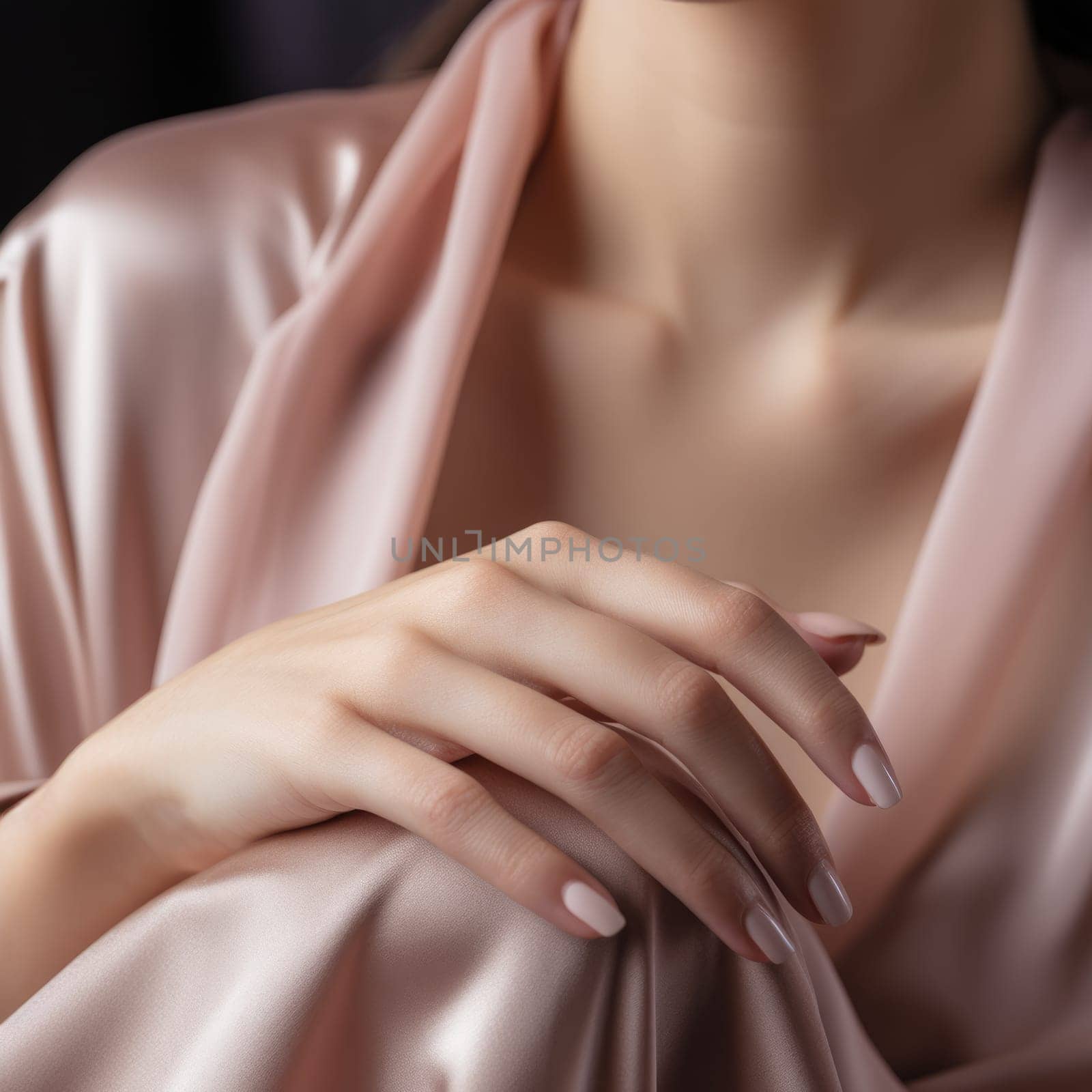 Close-up of the hands of a young woman with a gentle nude manicure on her nails. ai generated