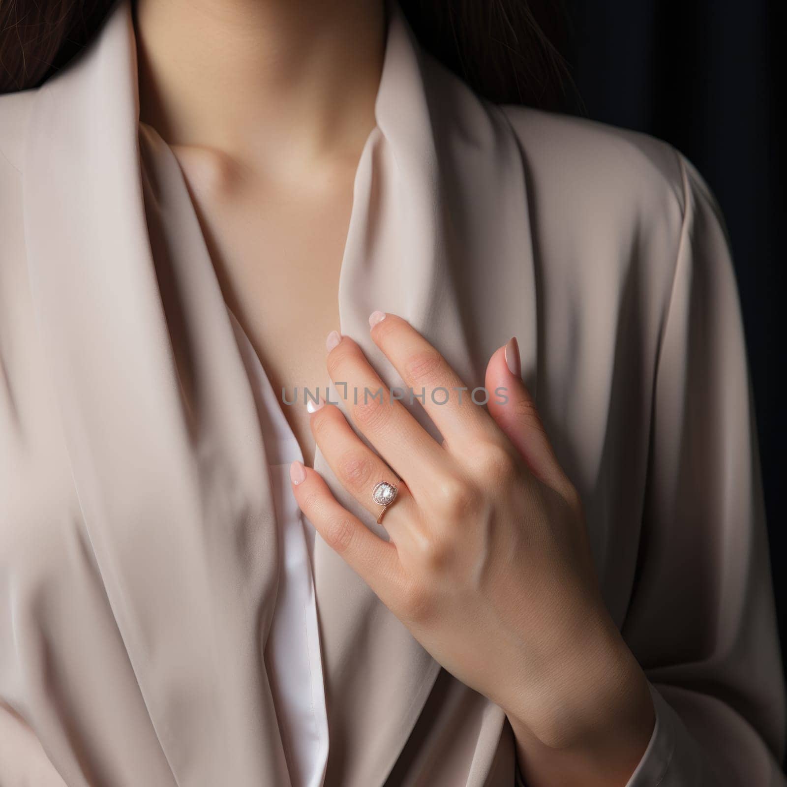 Close-up of the hands of a young woman with a gentle nude manicure on her nails. ai generated