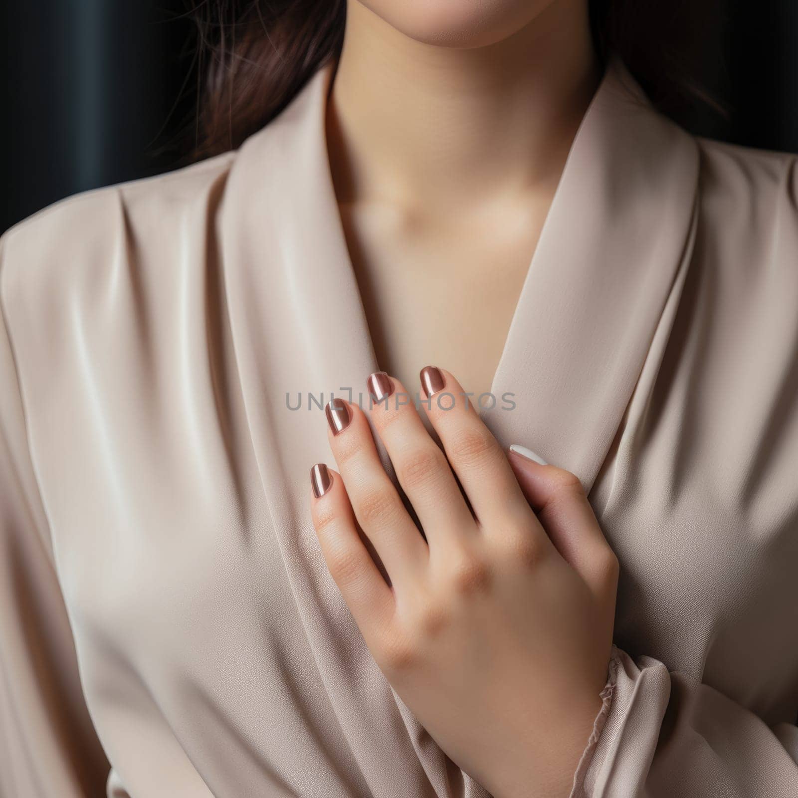 Close-up of the hands of a young woman with a gentle nude manicure on her nails. ai generated