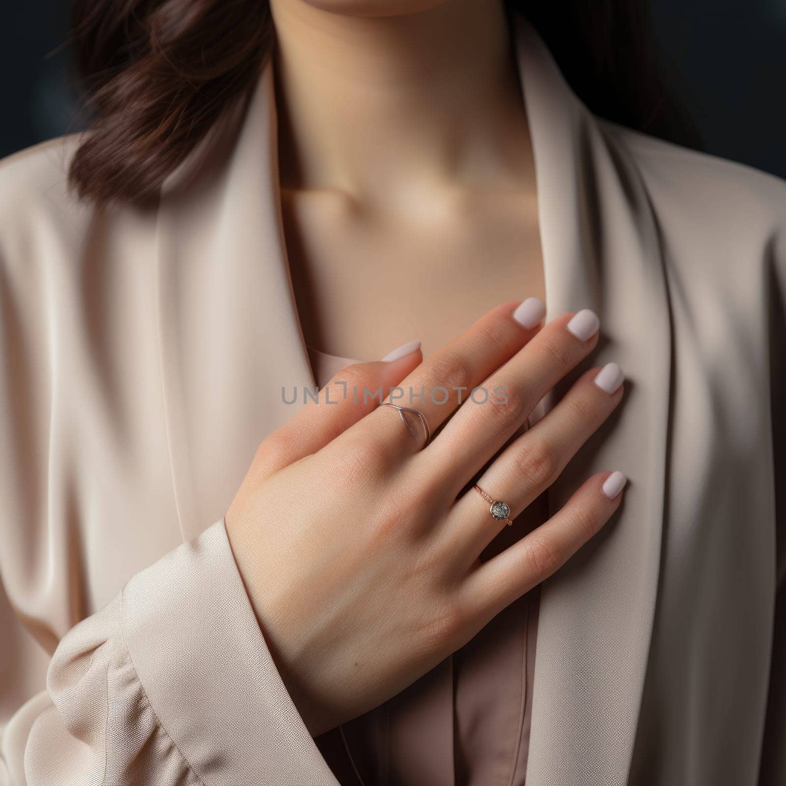 hands of a young woman with a gentle nude manicure on her nails. ai generated by Desperada
