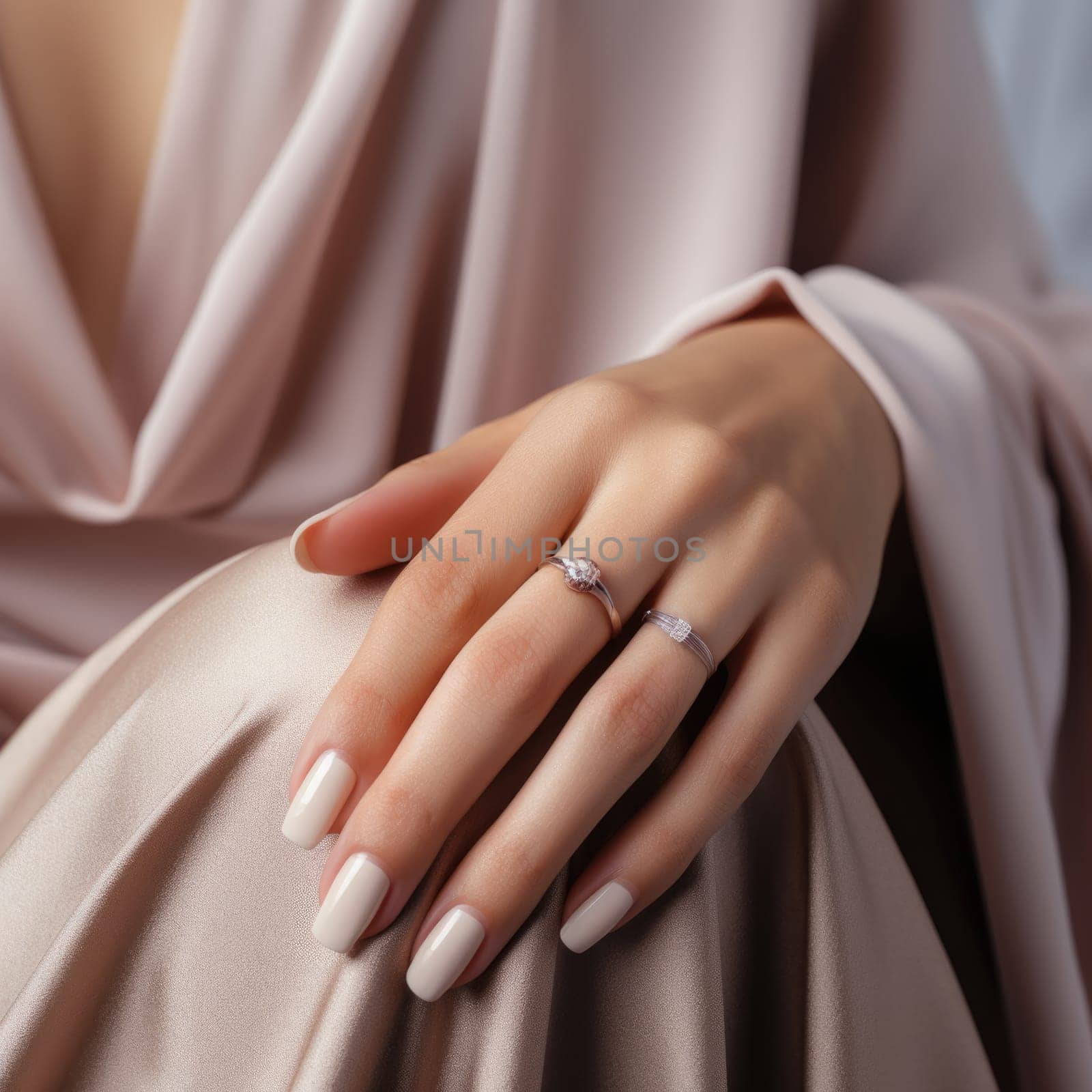 Close-up of the hands of a young woman with a gentle nude manicure on her nails. ai generated