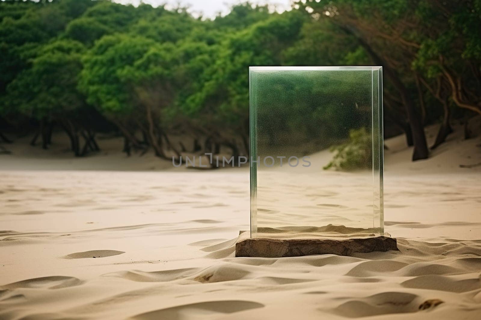 Glass cube on the sand. Search for meaning.