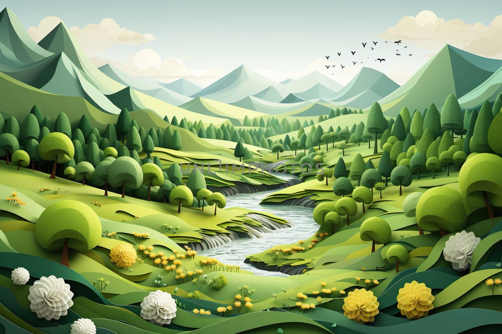 Summer landscape with mountains, green grass and river in paper cut style.