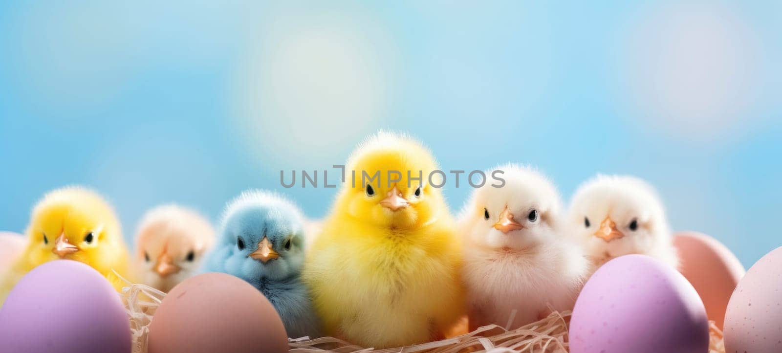 Adorable Chicks with Easter Eggs on Blue by andreyz