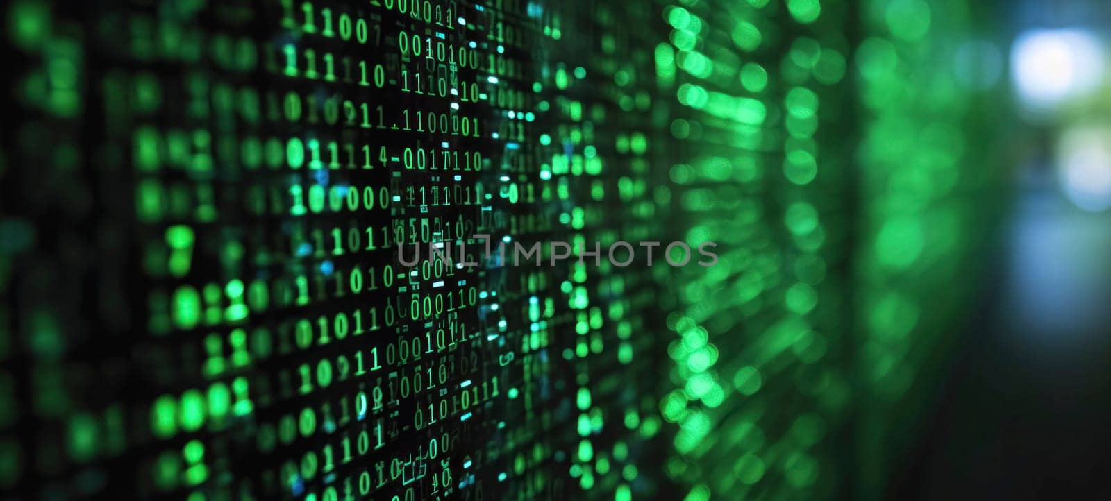 Stream of green matrix code on a screen, depicting concepts of coding and cybersecurity.