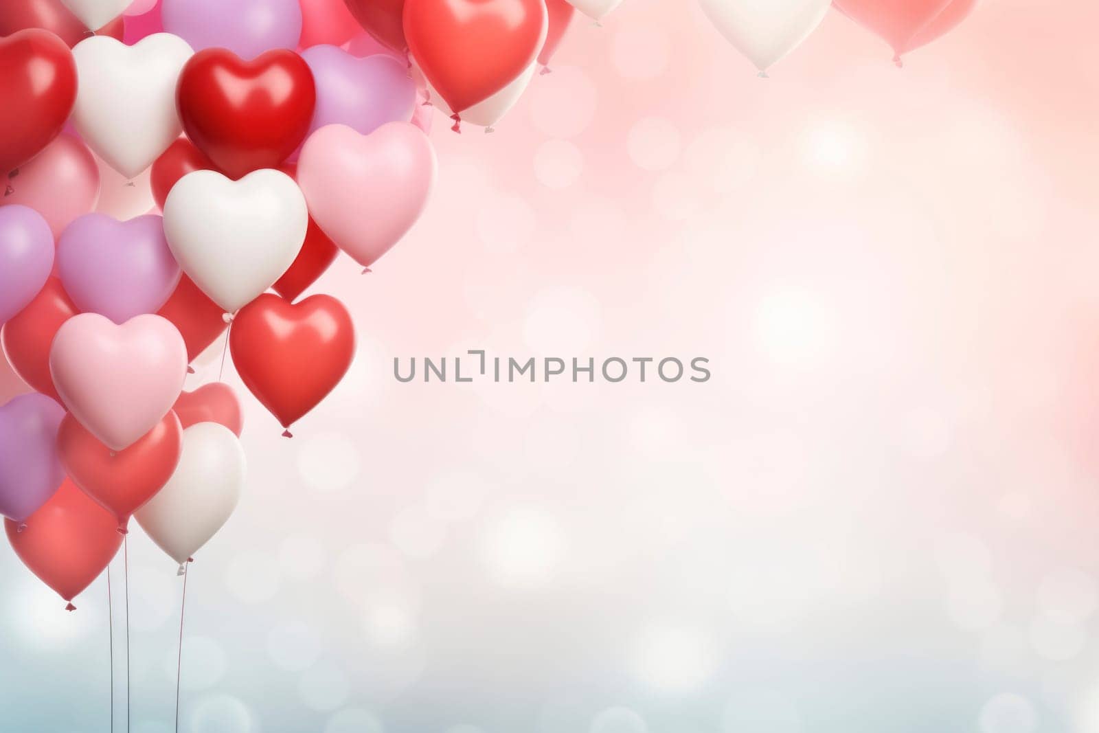 A cluster of heart-shaped balloons in shades of red and pink on a soft, bokeh background