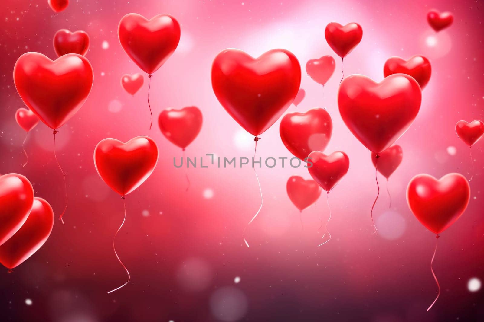 Enchanting red heart balloons rise in a magical pink mist, creating a whimsical and romantic atmosphere.