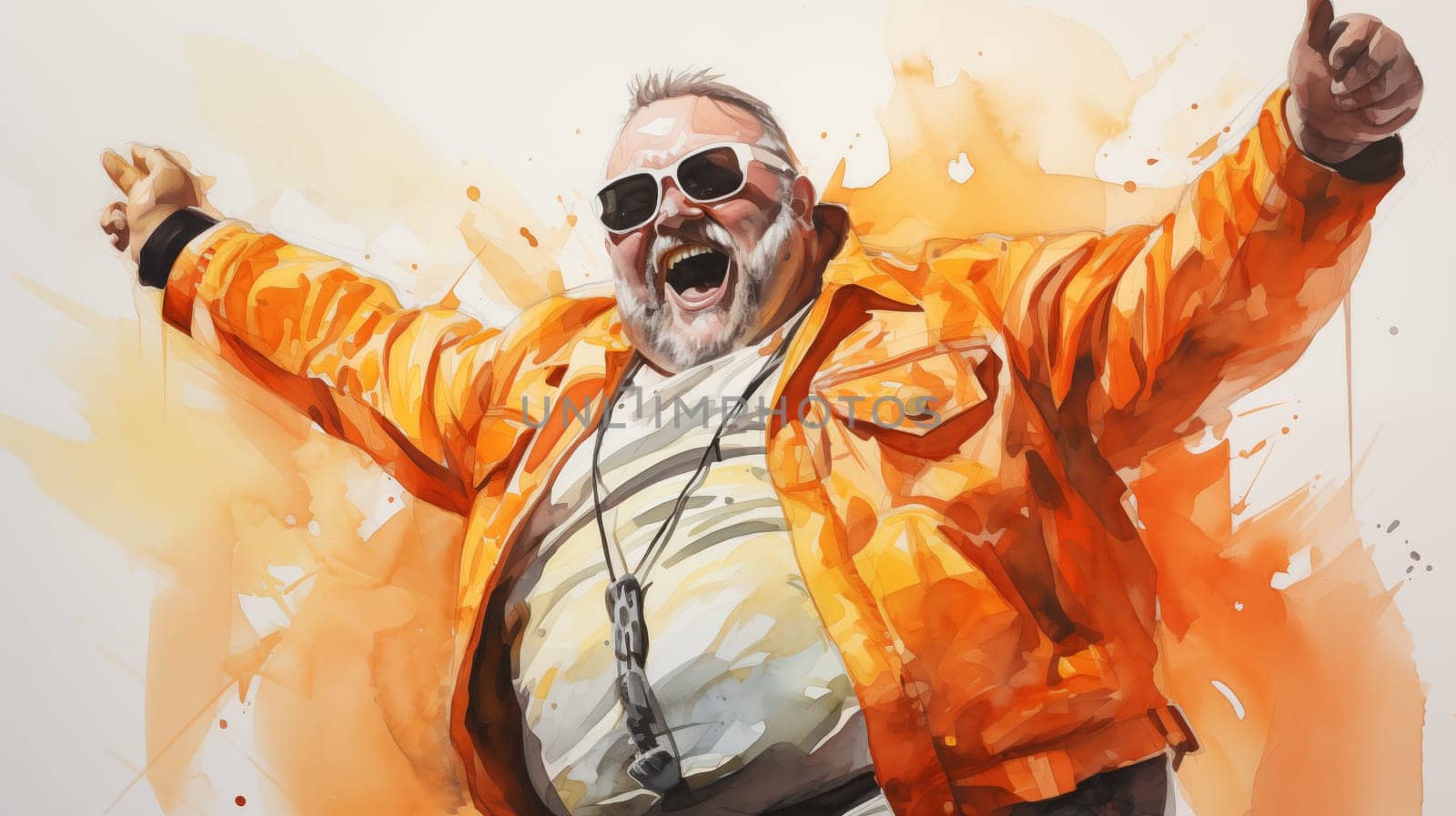 Exuberant bearded fat man in orange, celebrating with arms raised