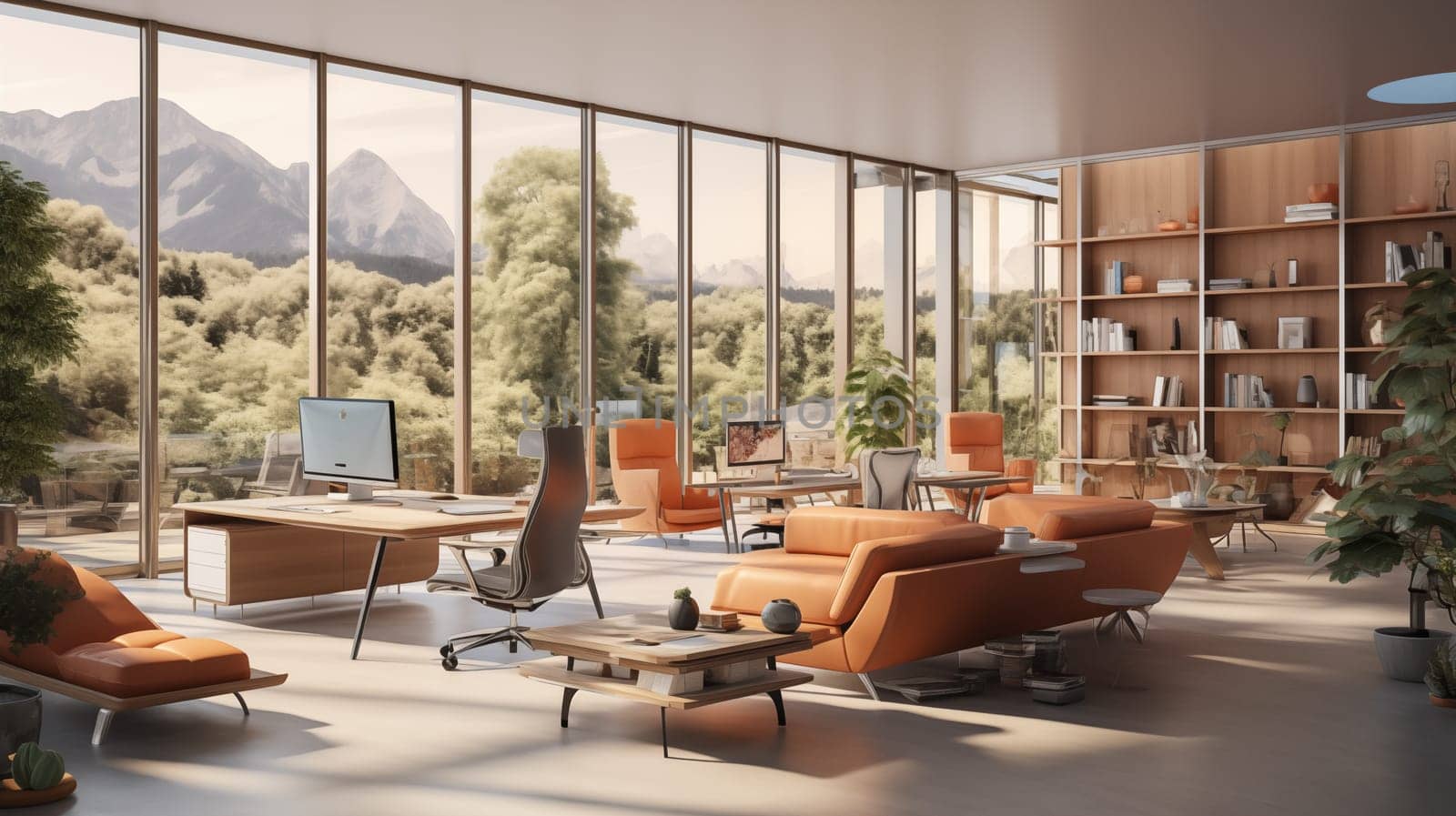 Modern Office Interior with Mountain View,Sleek workspace with large windows , filled with stylish furniture and plants.