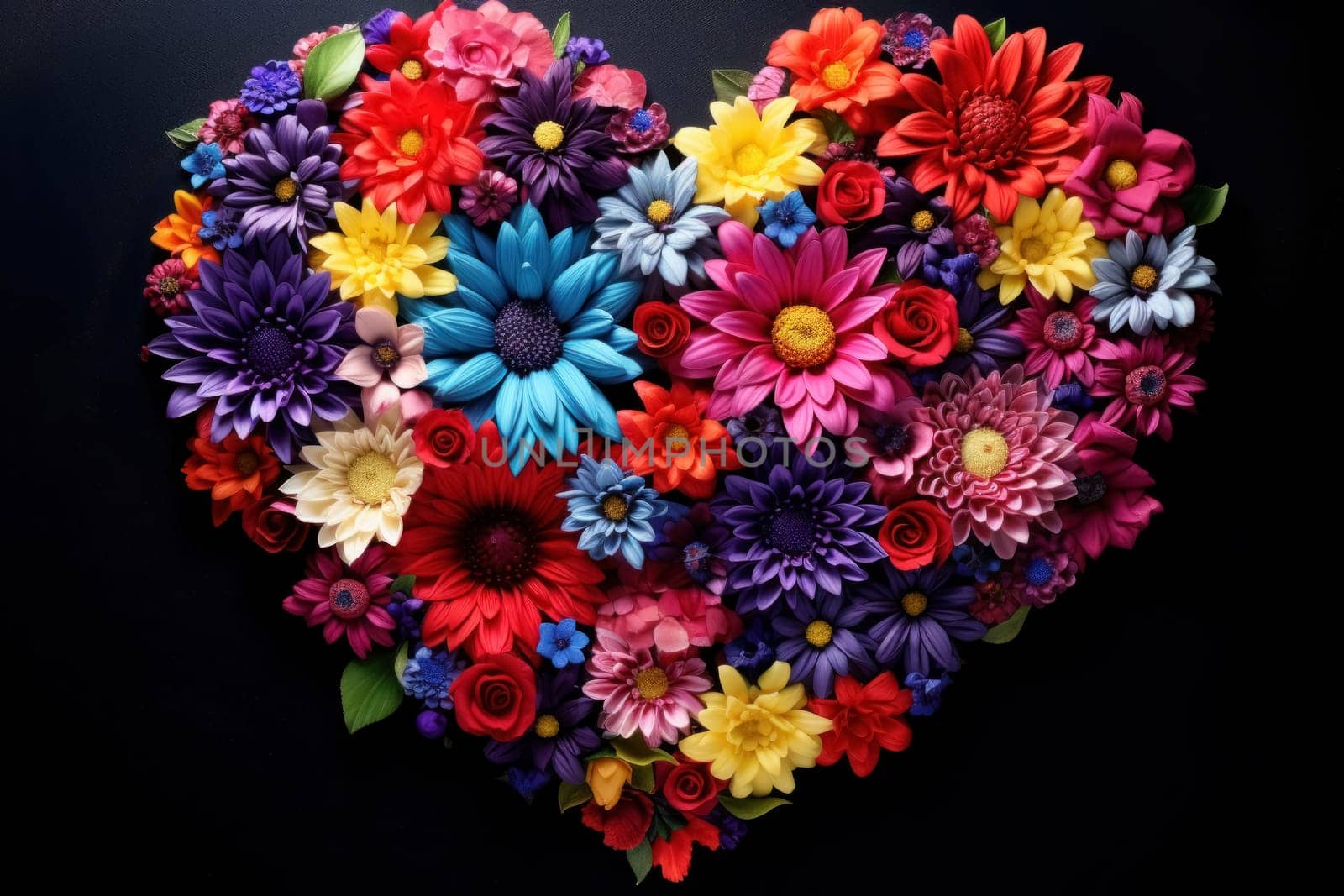 A vivid heart-shaped pattern of diverse blooms on a black backdrop