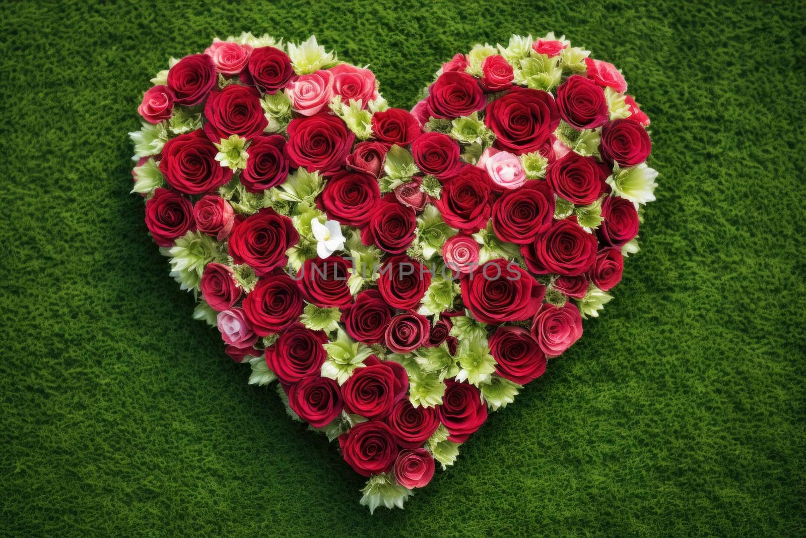 Heart-shaped arrangement of red roses and greenery on grass, evoking romantic and festive sentiments.