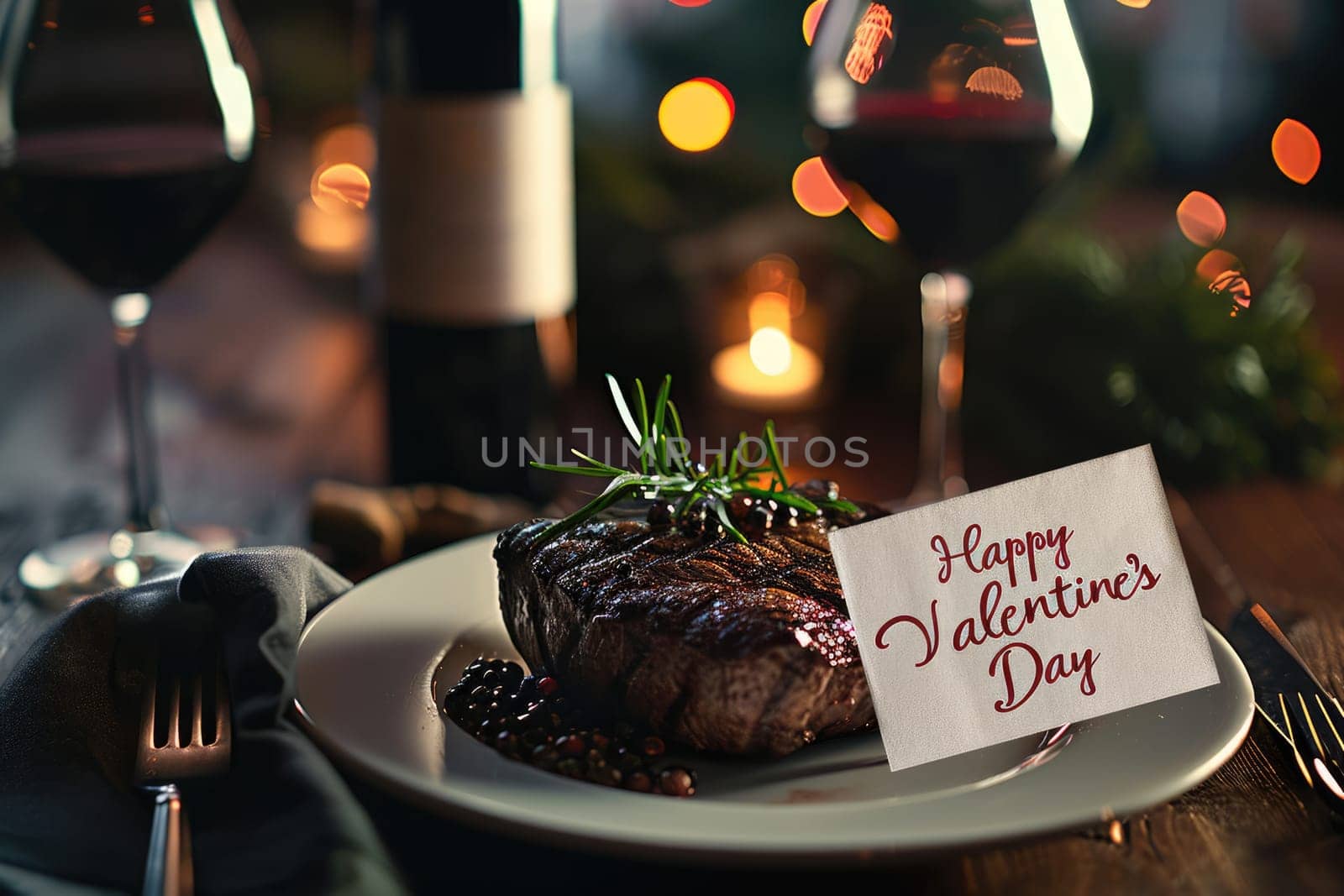 Valentines Day luxurious dinner of steak and wine in restaurant pragma by biancoblue