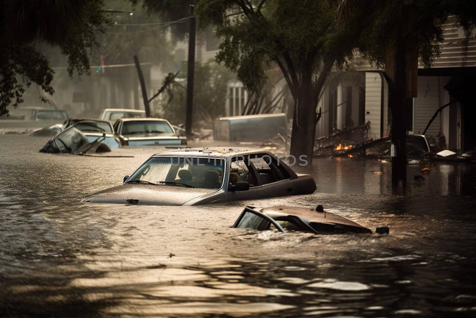 Submerged vehicles in floodwaters with damaged surroundings