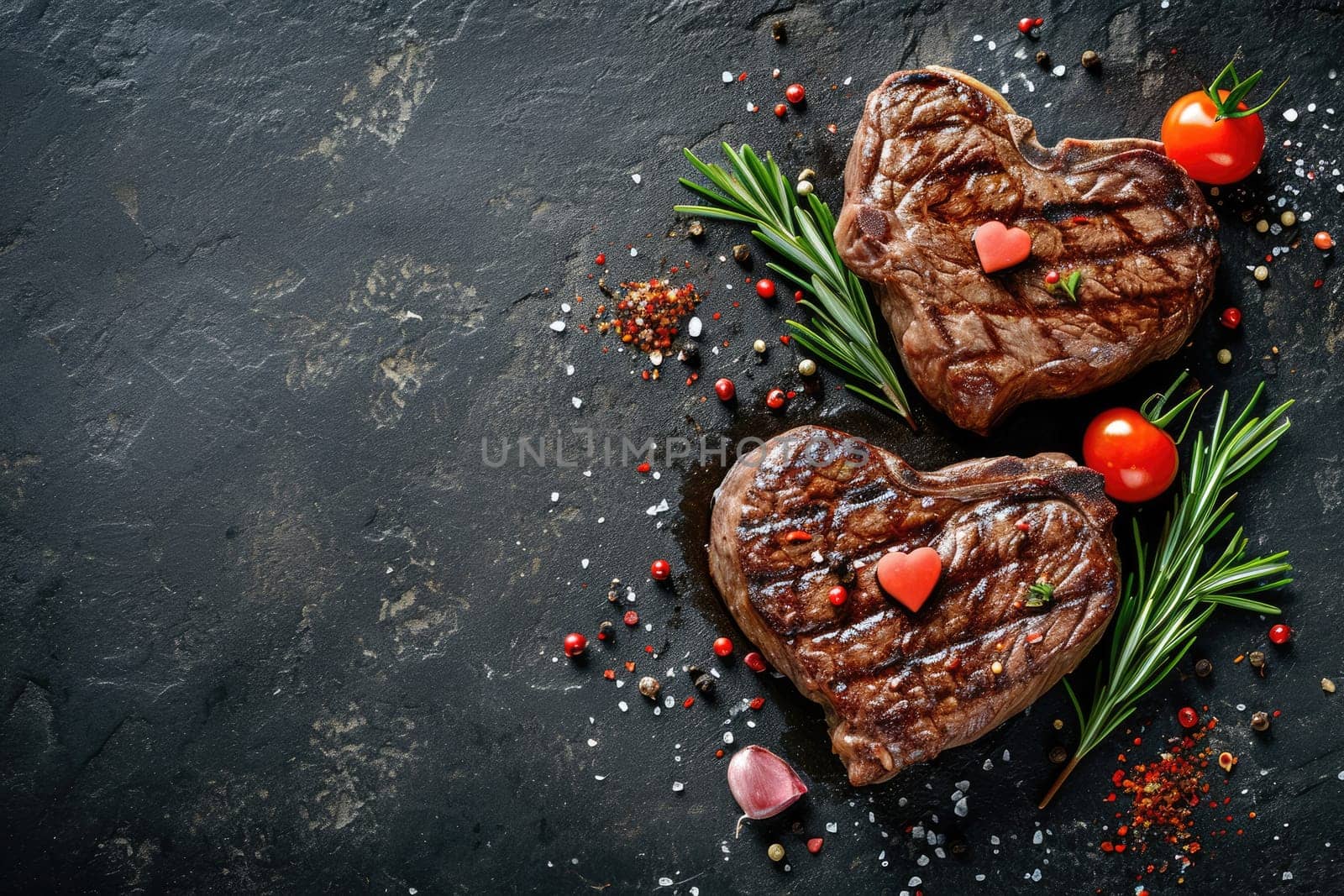 grilled beef steak for valentines day pragma in black background