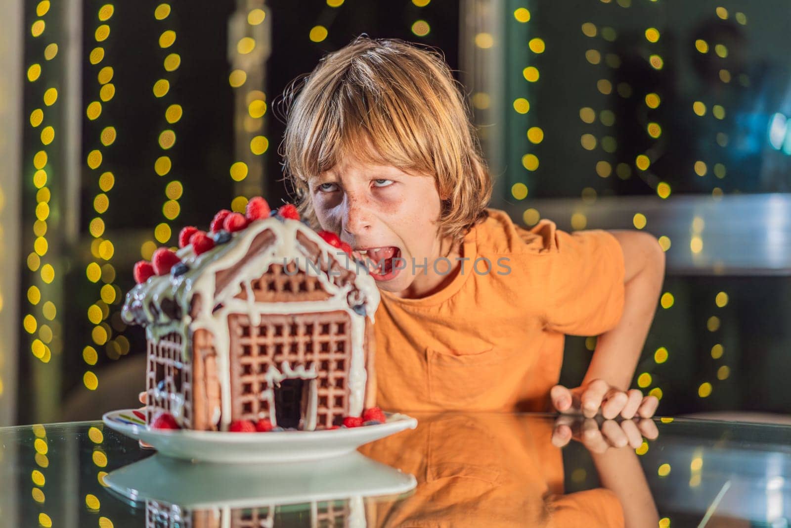 Immerse in festive delight as a boy crafts boy crafting an unconventional gingerbread house, infusing Christmas with unique creativity and festive cheer. A sweet scene of seasonal bonding and culinary fun by galitskaya