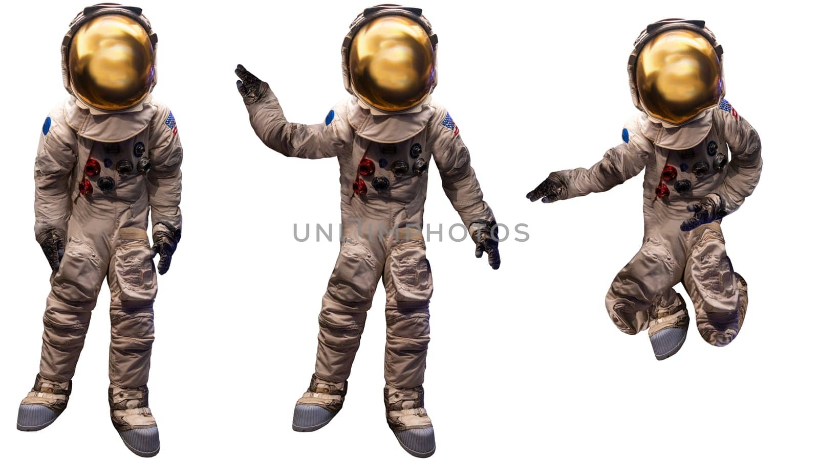 Space suit astronaut isolated on white background with clipping path. Space is fun concept. 3 poses. No NASA logo. Authentic retro suit. High quality photo