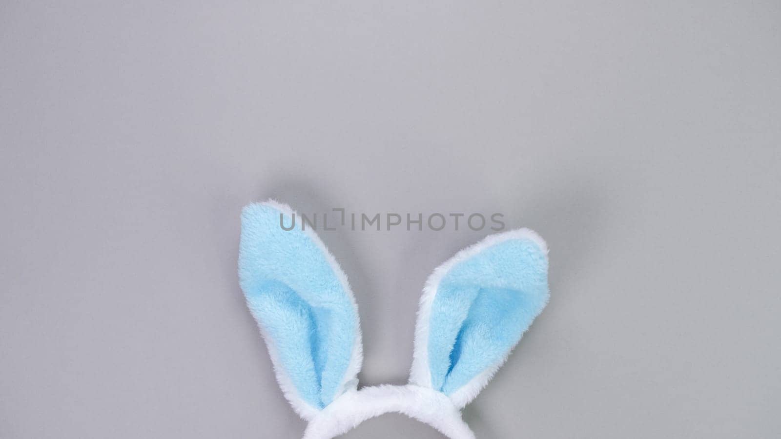 Decorative blue bunny ears furry fluffy costume toy on trendy grey background. Happy Easter concept. Preparation for holiday. Simple minimalism flat lay top view copy space