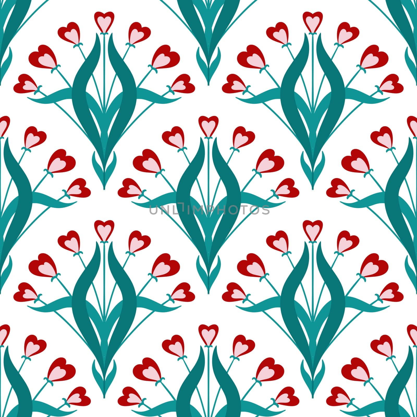 Hand drawn seamless pattern in flower floral st Valentine day style. Elegant colorful love retro vintage design, victorian fabric print, red hearts white emerald green leaves lines