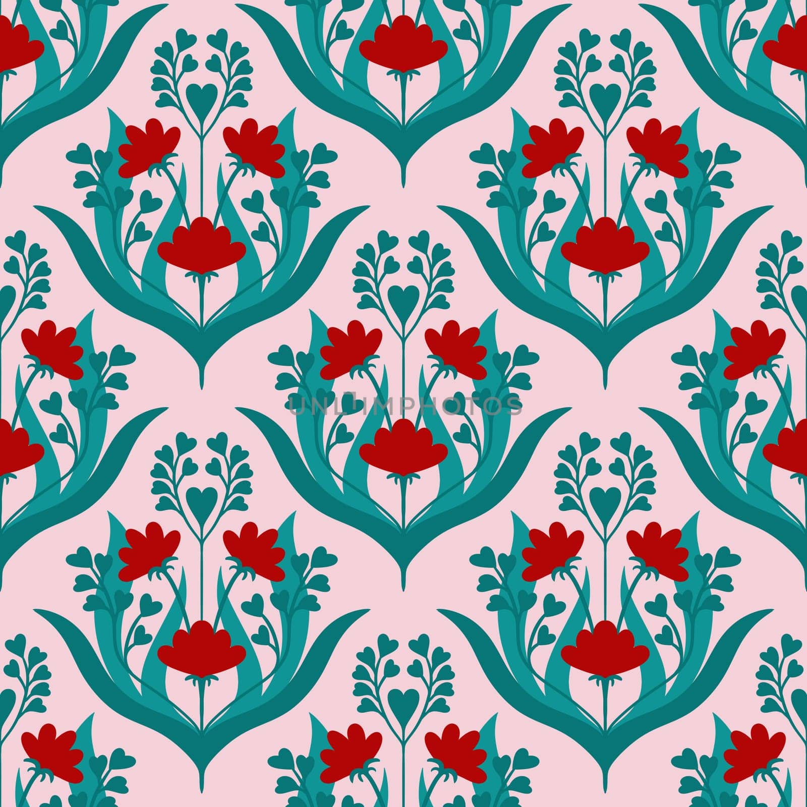 Hand drawn seamless pattern in flower floral st Valentine day style. Elegant colorful love retro vintage design, victorian fabric print, red hearts white emerald green leaves lines. by Lagmar