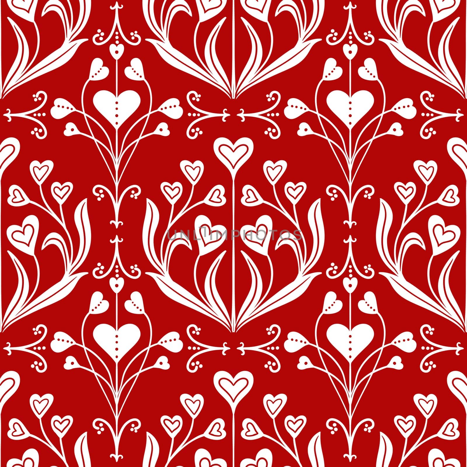 Hand drawn seamless pattern in flower floral st Valentine day style. Elegant colorful love retro vintage design, victorian fabric print, white lines elegant damsk with heart on rich red background. by Lagmar