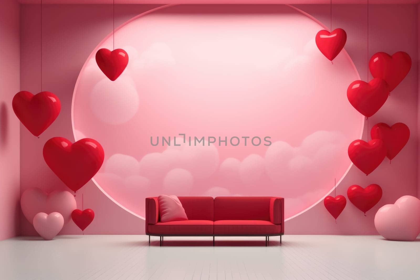 Interior of festive room decorated for Valentine's Day with air balloons, flowers and candles.