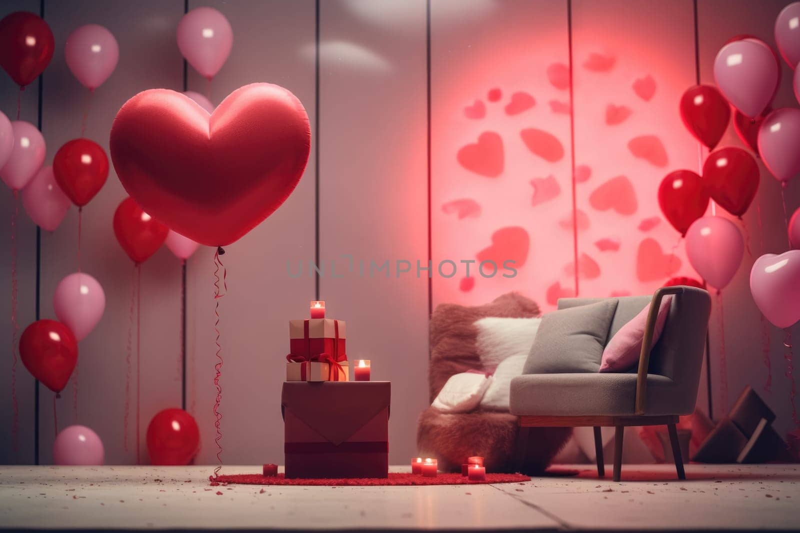 Interior of festive room decorated for Valentine's Day with air balloons, flowers and candles.