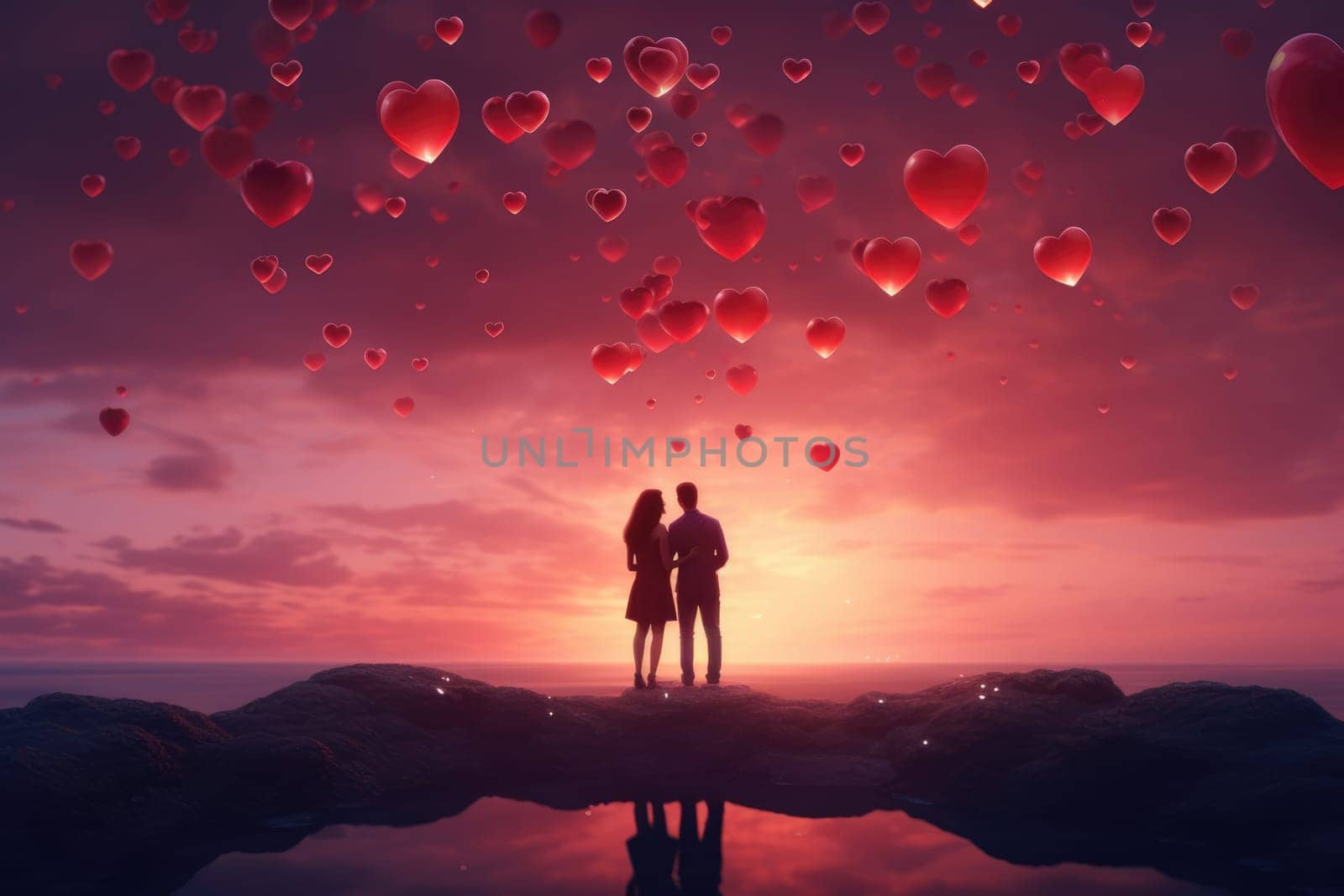Beautiful young couple hugging, kissing celebrating St Valentine's Day with air balloons in shape of heart on white background