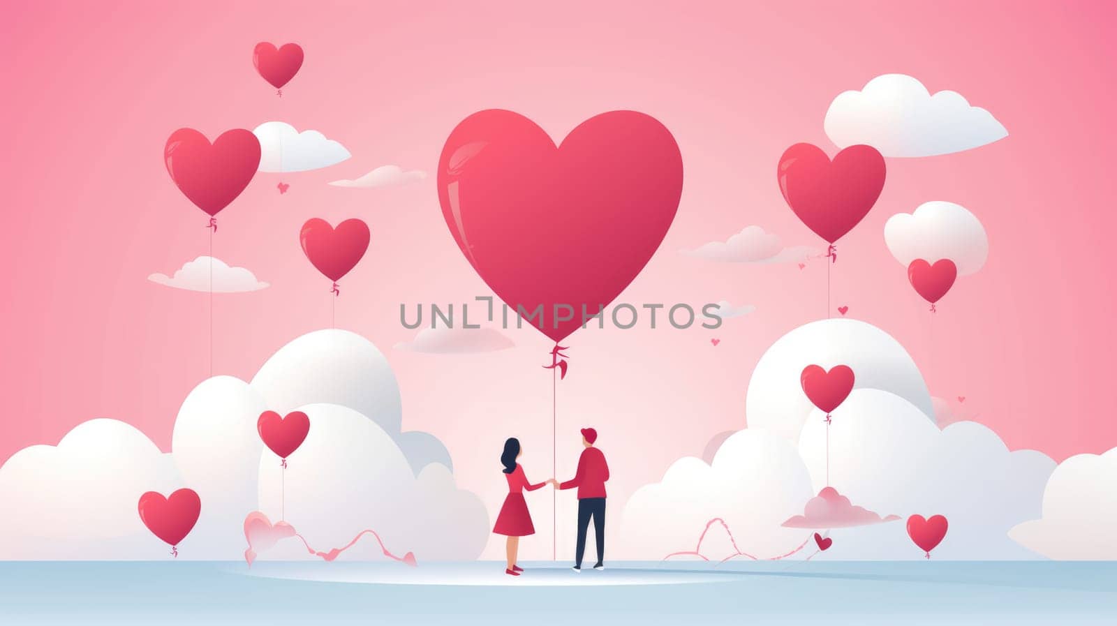 Beautiful young couple hugging, kissing celebrating St Valentine's Day with air balloons in shape of heart on white background. by JuliaDorian