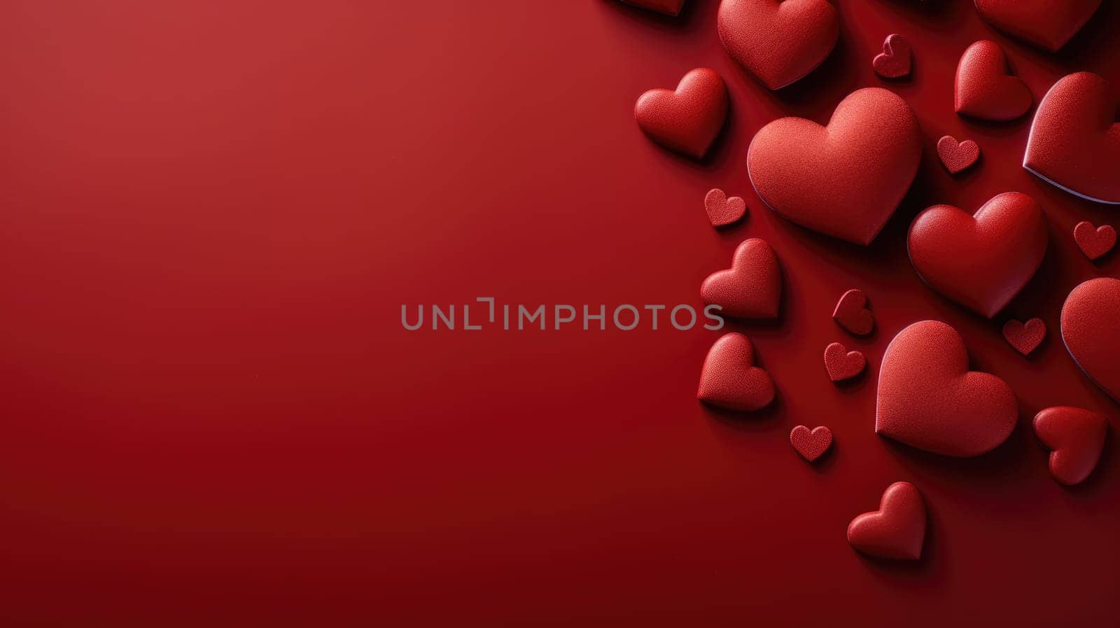 Valentines day heart shaped sweets on red background. Top view with copy space