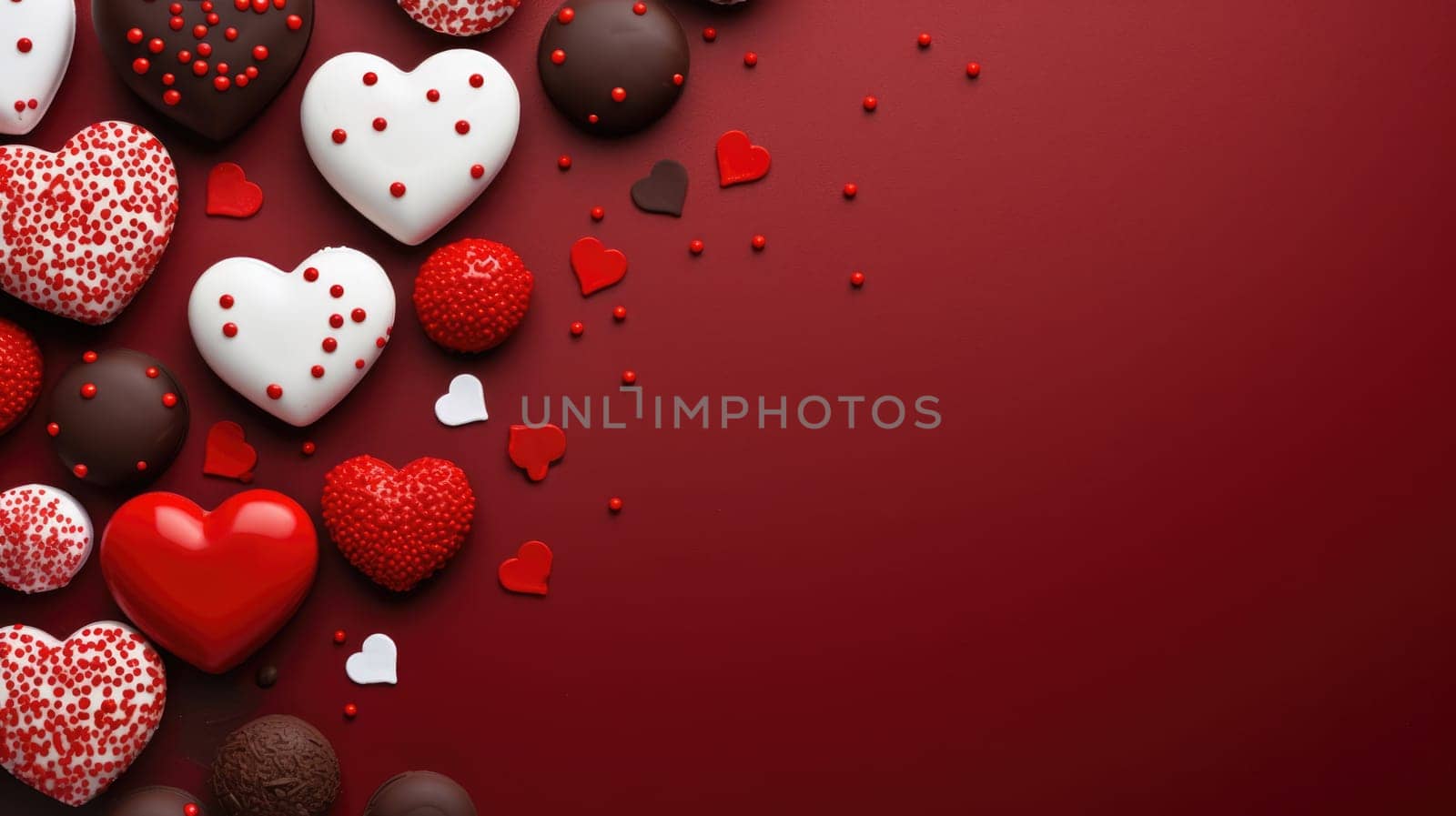 Valentines day heart shaped sweets on red background. Top view with copy space