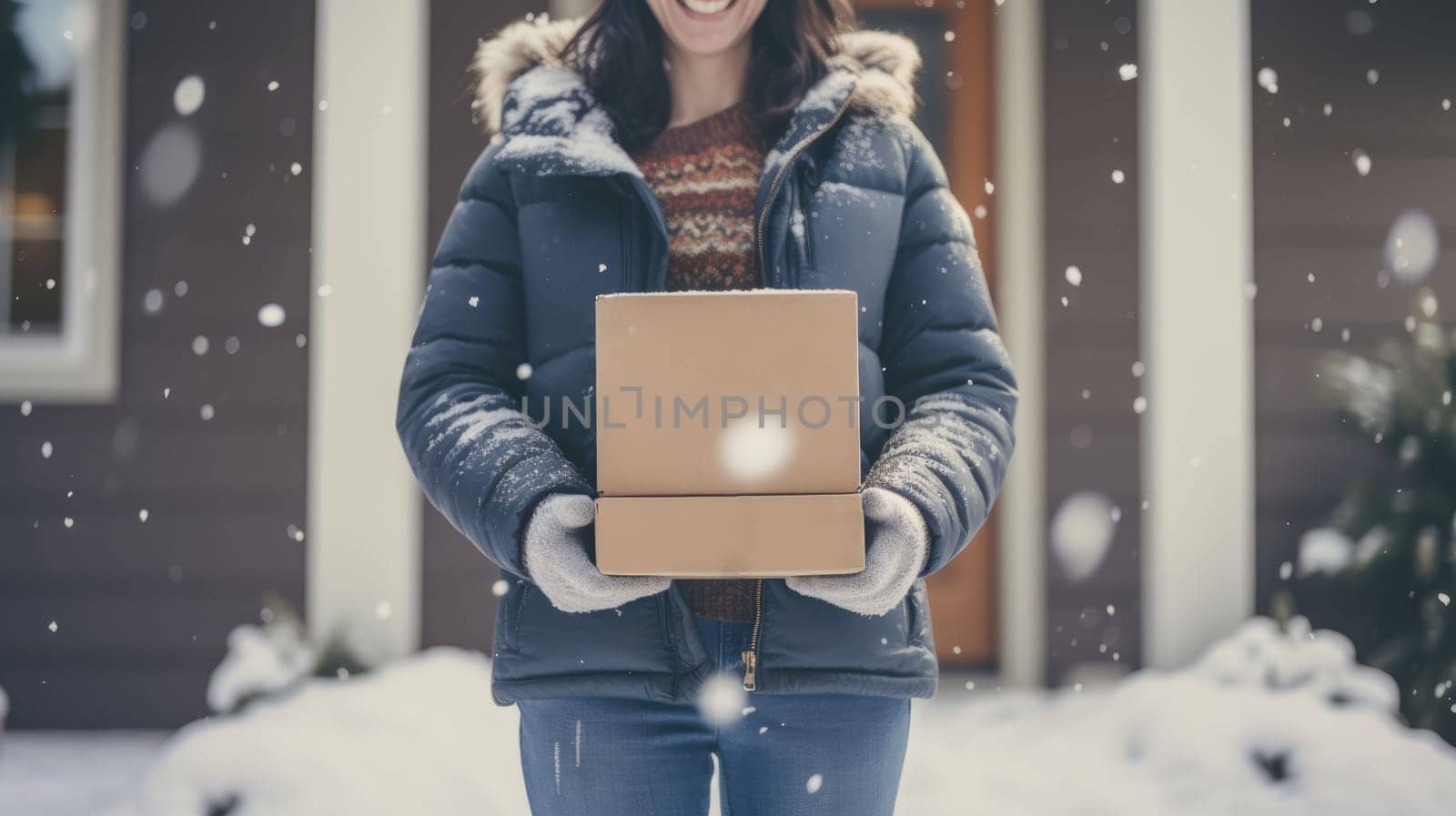 Smiling woman holding parcel box next to front door house entrance. Christmas holidays delivery. Black Friday Online shopping