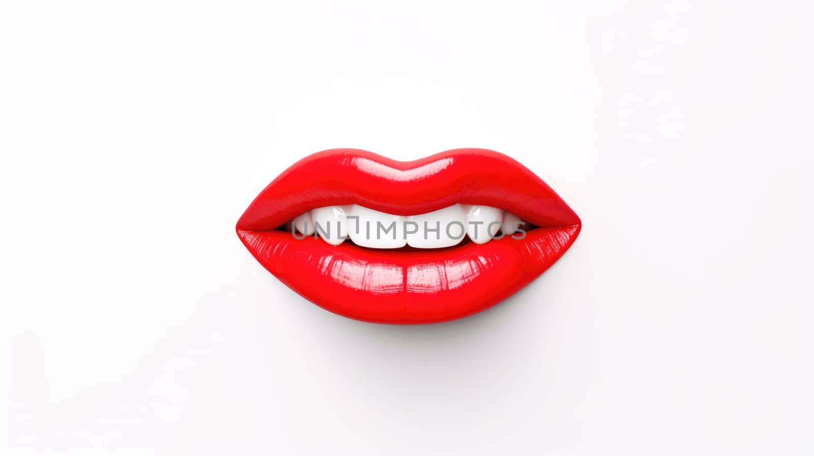 3D realistic smiling glossy red lips on white. cosmetic, fashion, and romantic designs. Open mouth with teeth, lipstick promotion. by JuliaDorian