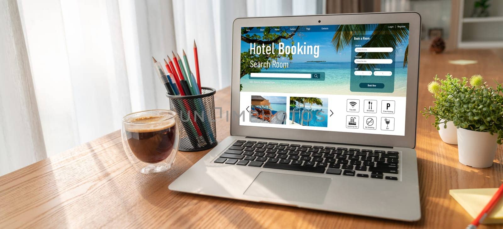 Online hotel accommodation booking website provide modish reservation system . Travel technology concept .