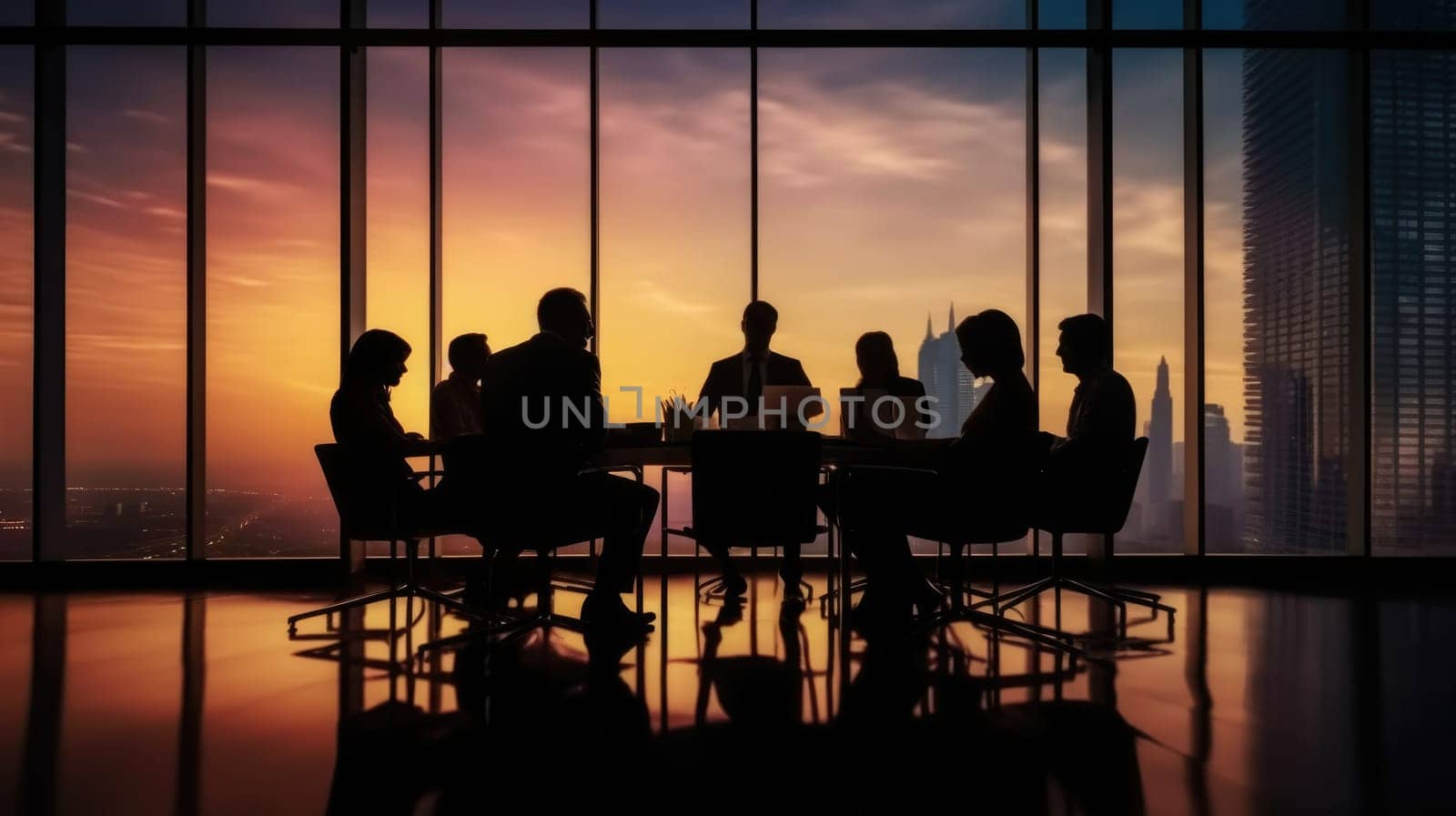 Silhouettes of group of business people in sunset comeliness by biancoblue