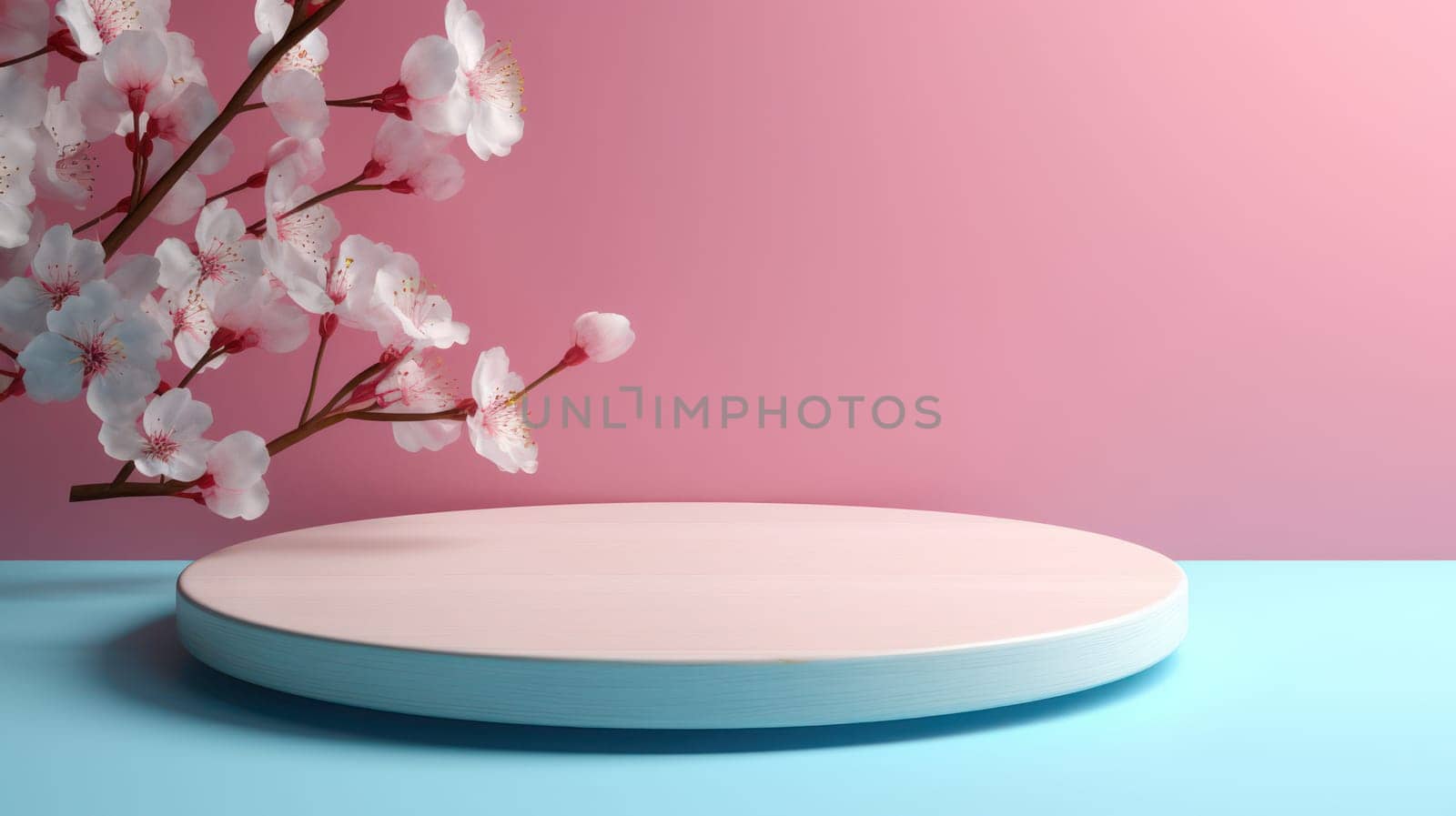 Minimalistic Pastel Pink Abstract Geometric Design on Clean White Background with Empty Pedestal: A Modern Floral Showcase for Fashion Presentation by Vichizh