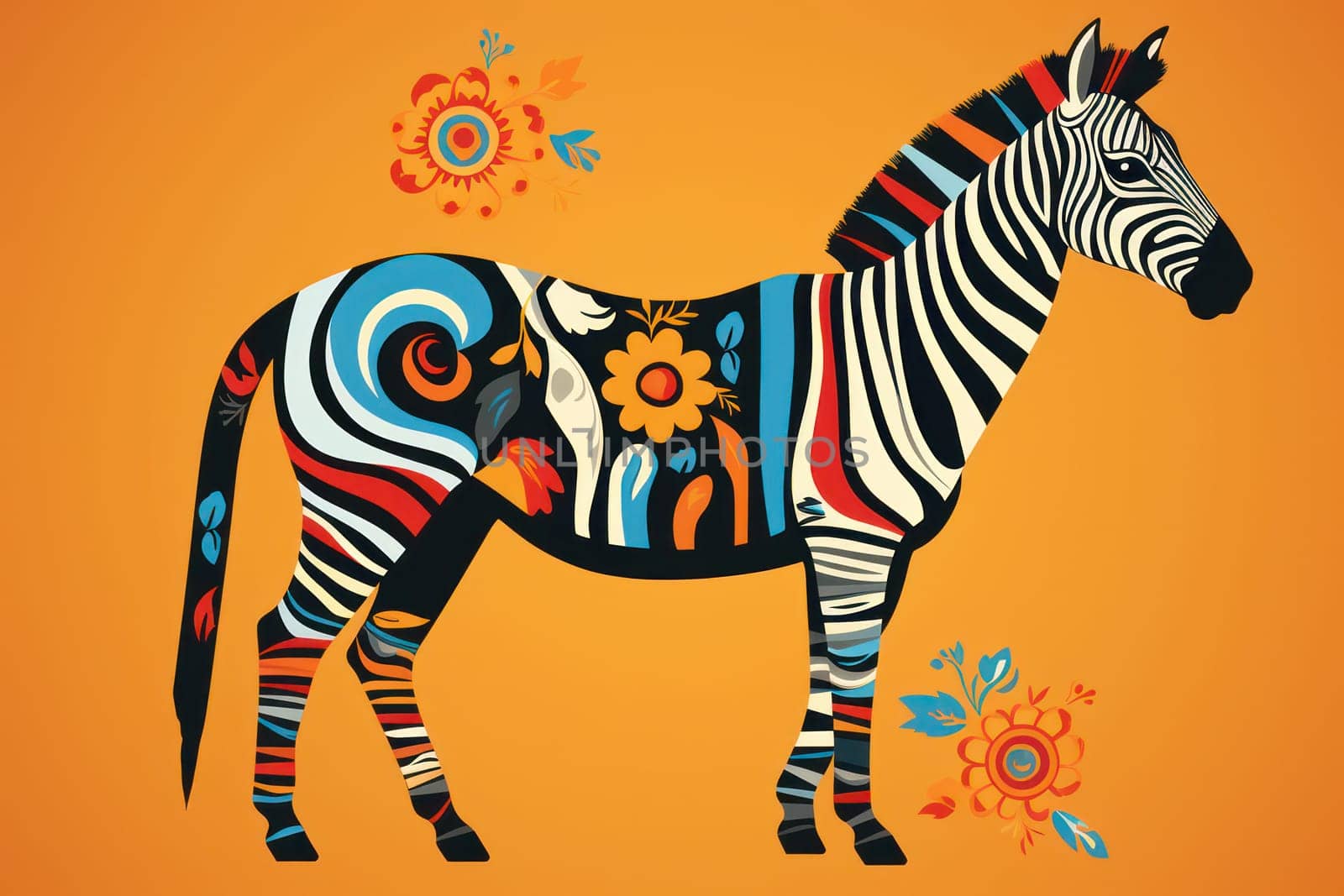 Colorful Wild Zebra: Abstract Illustration of a Striped African Animal in Exotic Safari Camouflage on Floral Background by Vichizh