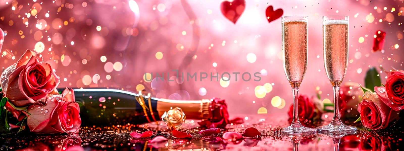 Roses and champagne for Valentine's Day. Selective focus. Red.