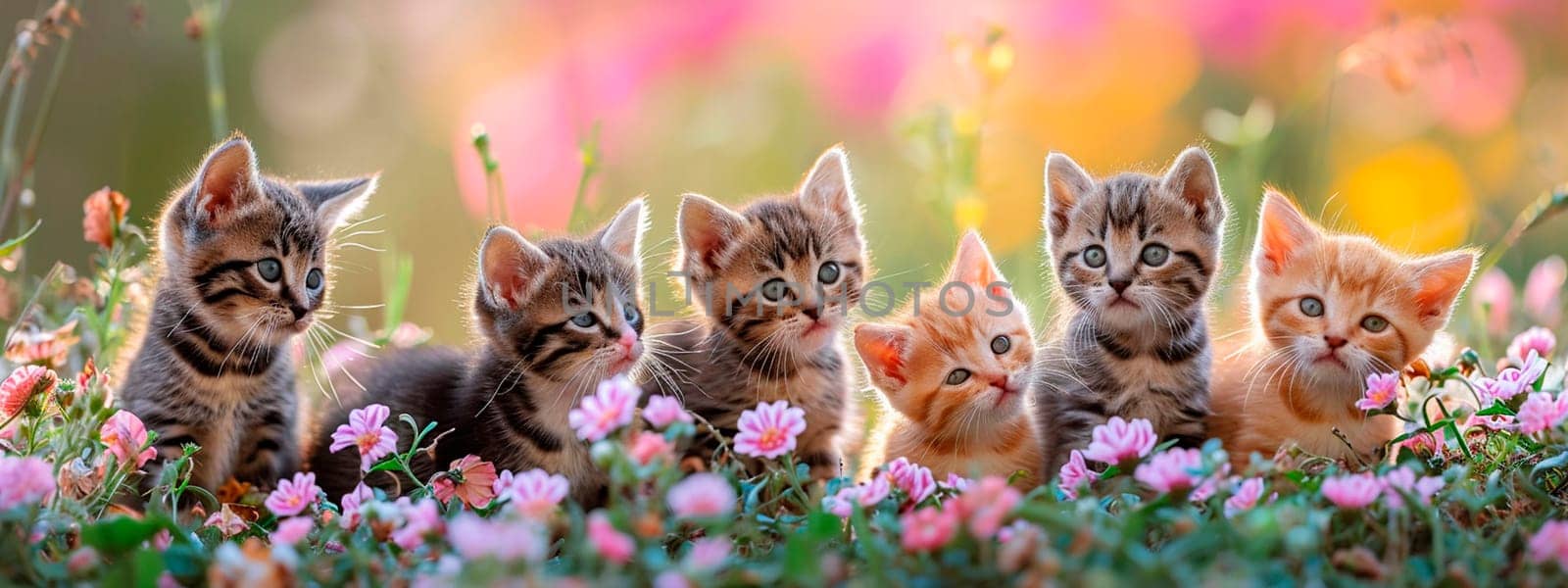 Kittens in the grass and flowers. Selective focus. animal.