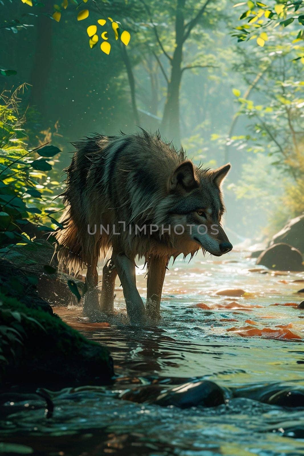 wolf in the forest near the river. Selective focus. animal.