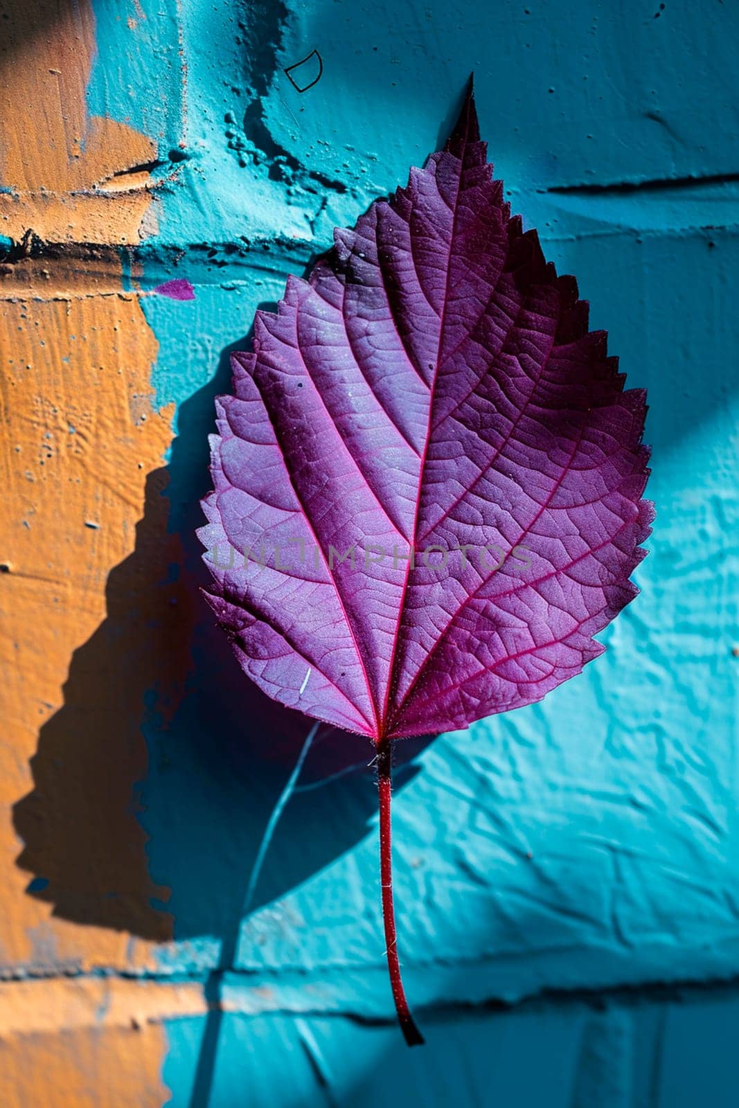 Purple leaf on a blue background. Selective focus. nature.